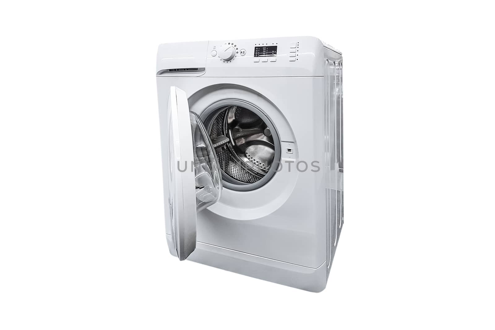 Generic modern washing machine with an open drum isolated on a white background