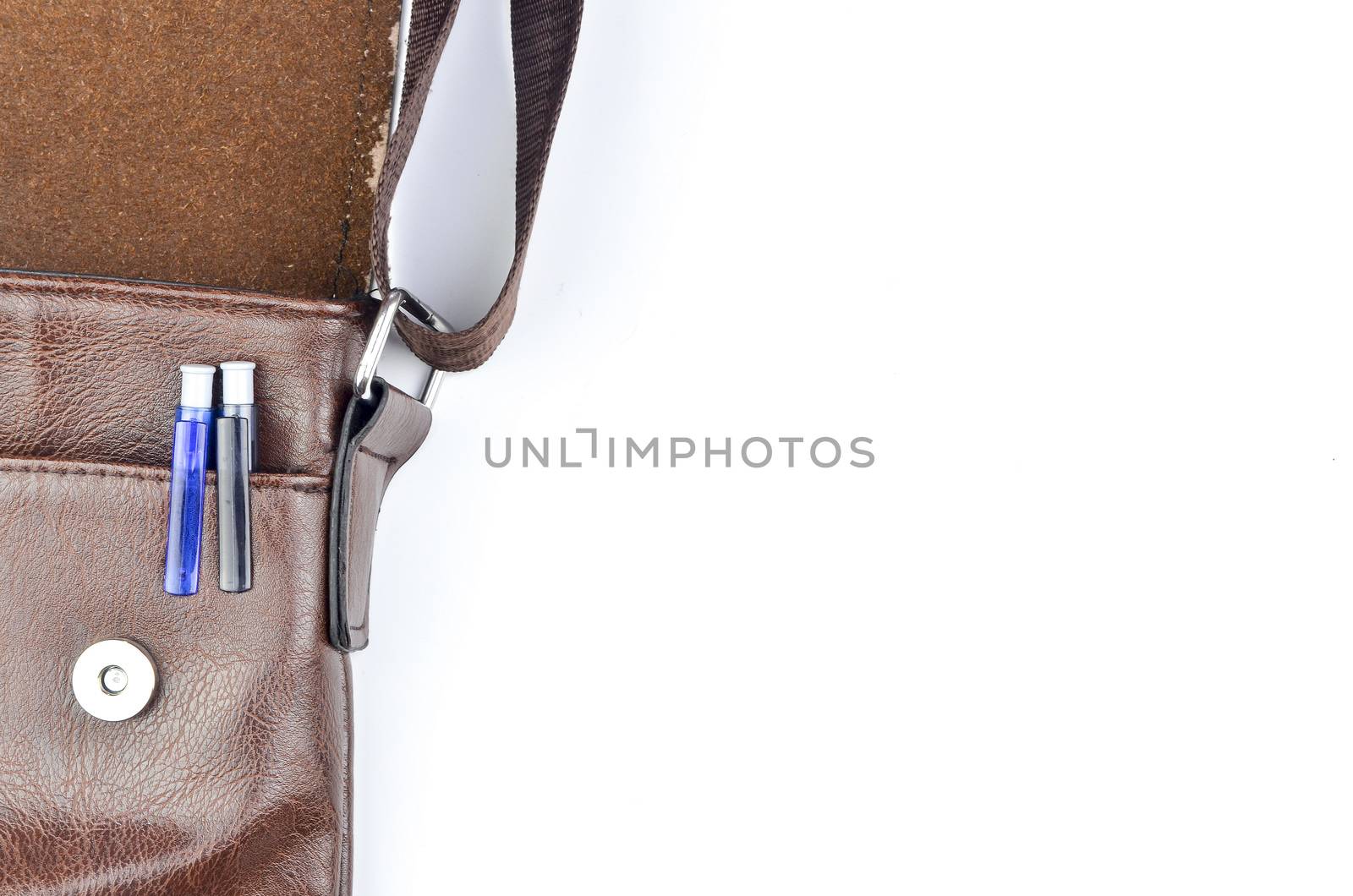 Brown sling bag on white background. Selective focus.