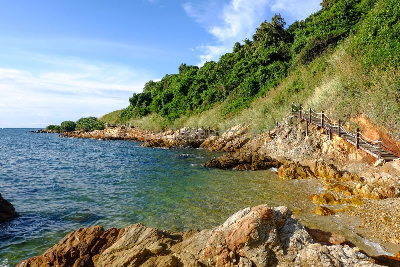 View of the beach around the walking path at Khao Laem Ya, Rayong, Thailand.