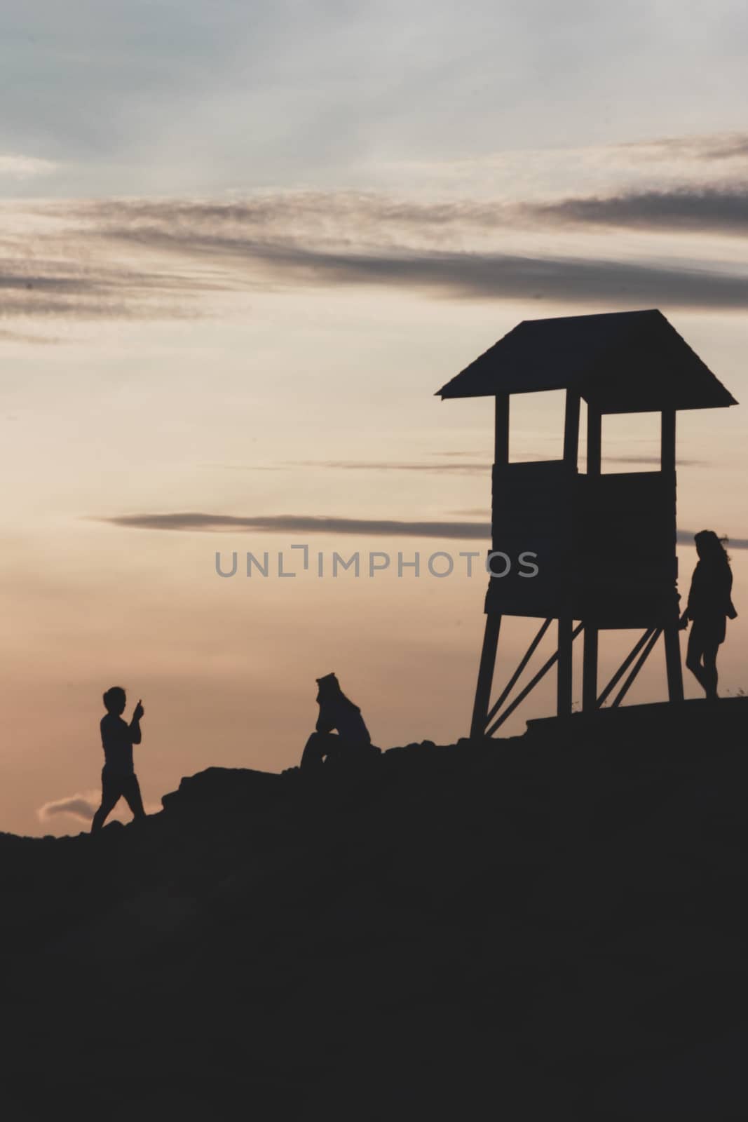 Silhouette of a small pavilion where people watch the morning sun At Khao Laem Ya National Park, Rayong.