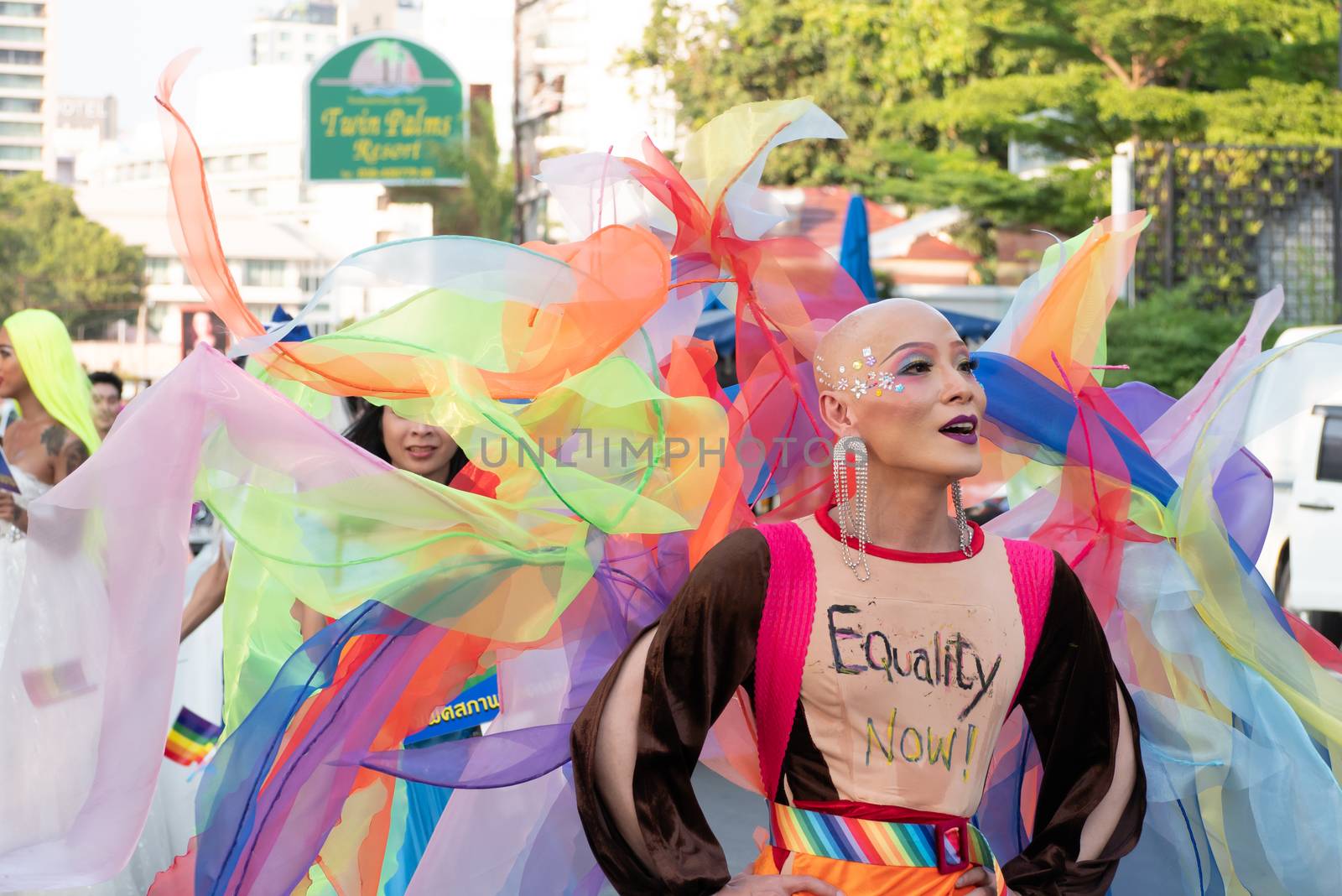 PATTAYA, THAILAND - FEBRUARY 9, 2019: LGBT oriented people wear cloth write equality now take part in Pattaya Pride Rainbow Festival Parade, in Pattaya, Thailand on February 9, 2019