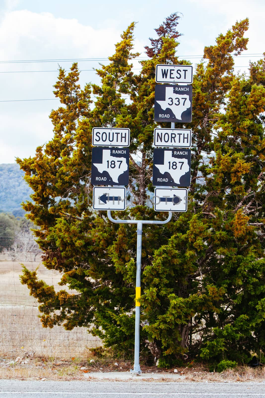 A highway road sign near Bandera in Texas, USA