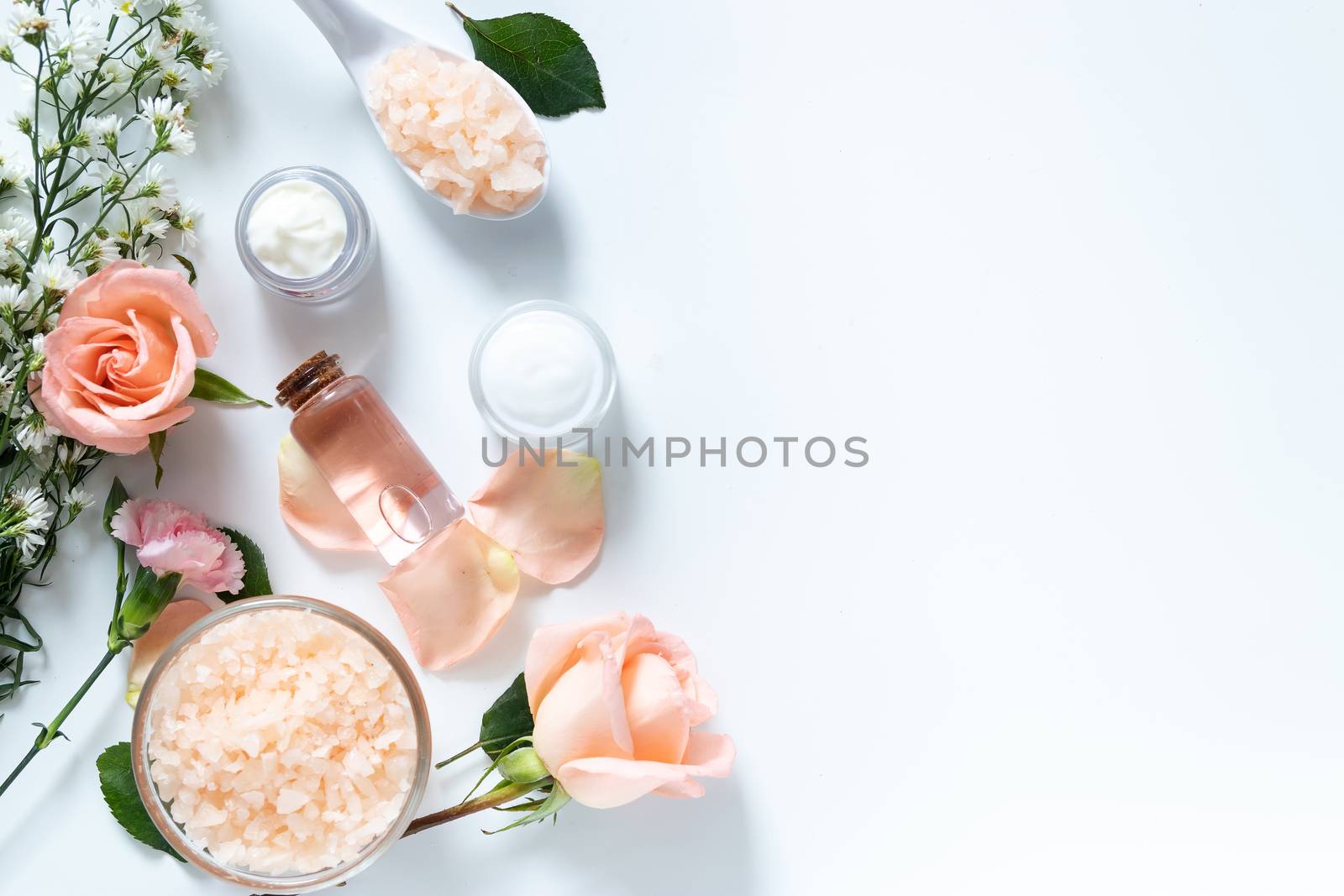 skin care concept. flat lays of skincare remedies style in package with blank label with natural materials isolated on white background with copy space