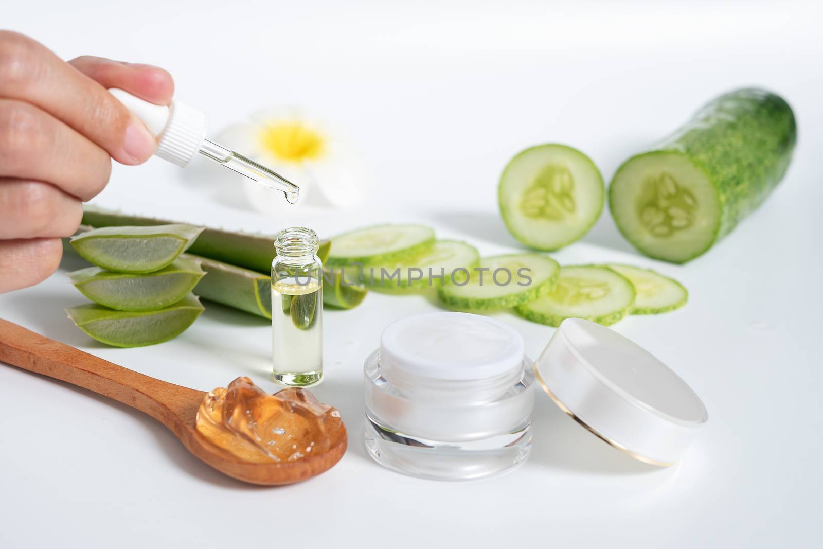 organic natural skincare concept. open blank cosmetic cream jar with white cream texture inside and women hand holding glass dropper for dermatologist testing decorate with aloe vera and cucumber
