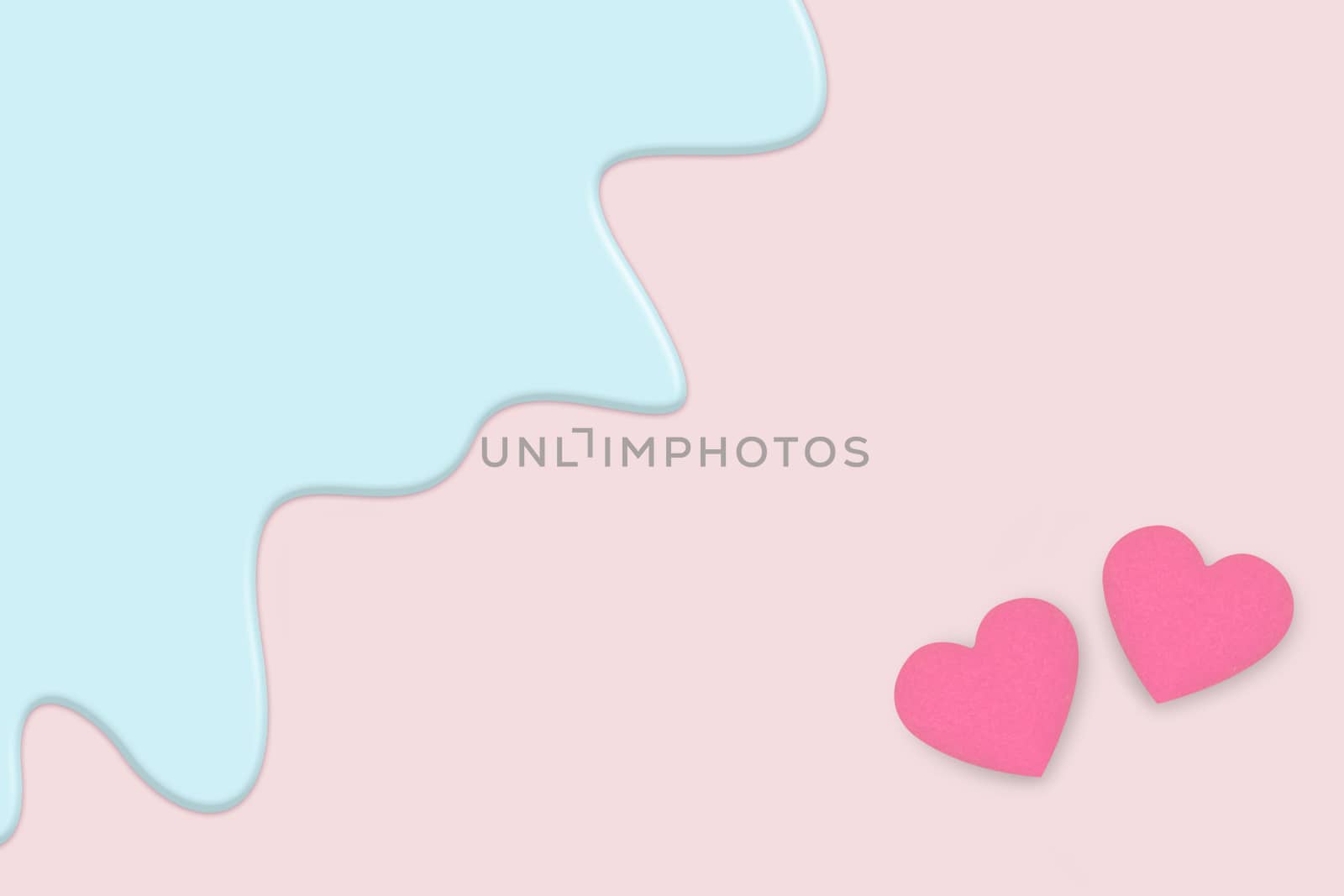 creative pastel of Valentine's day greeting card. two pink heart isolate on pastel light pink background with  blue liquid melt layer
