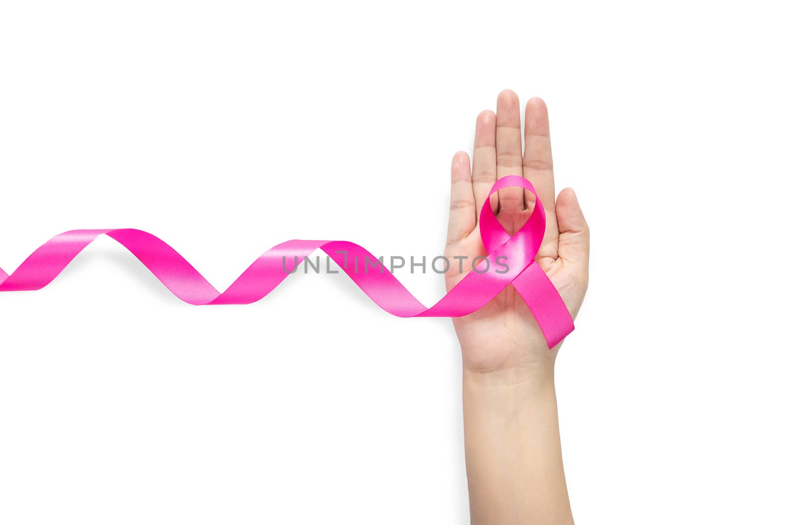 woman hand holding pink ribbon, Breast cancer awareness symbol. isolated on white background with clipping path