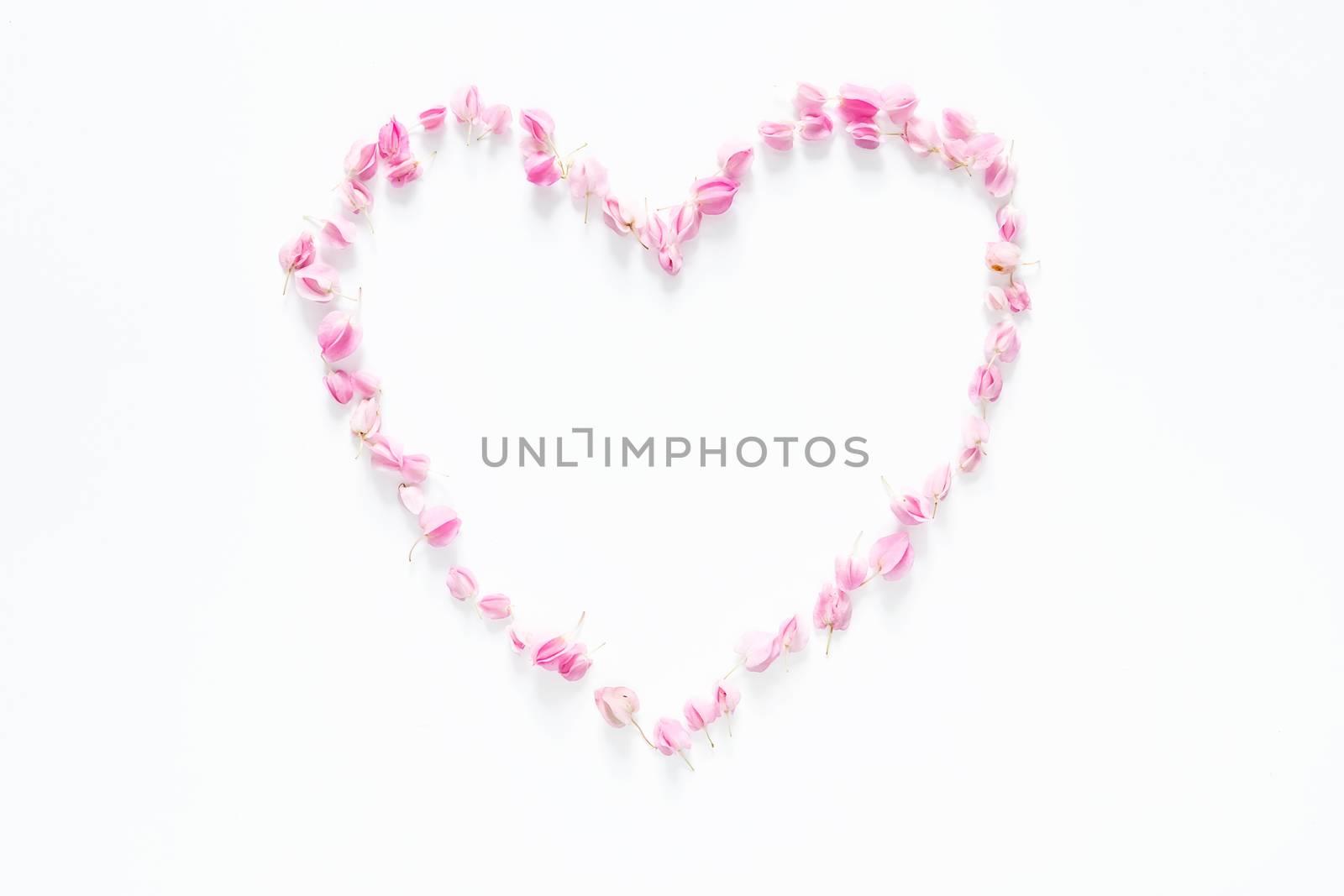 flat lay of floral heart made from pink flowers isolated on white background, top view. flower creative composition