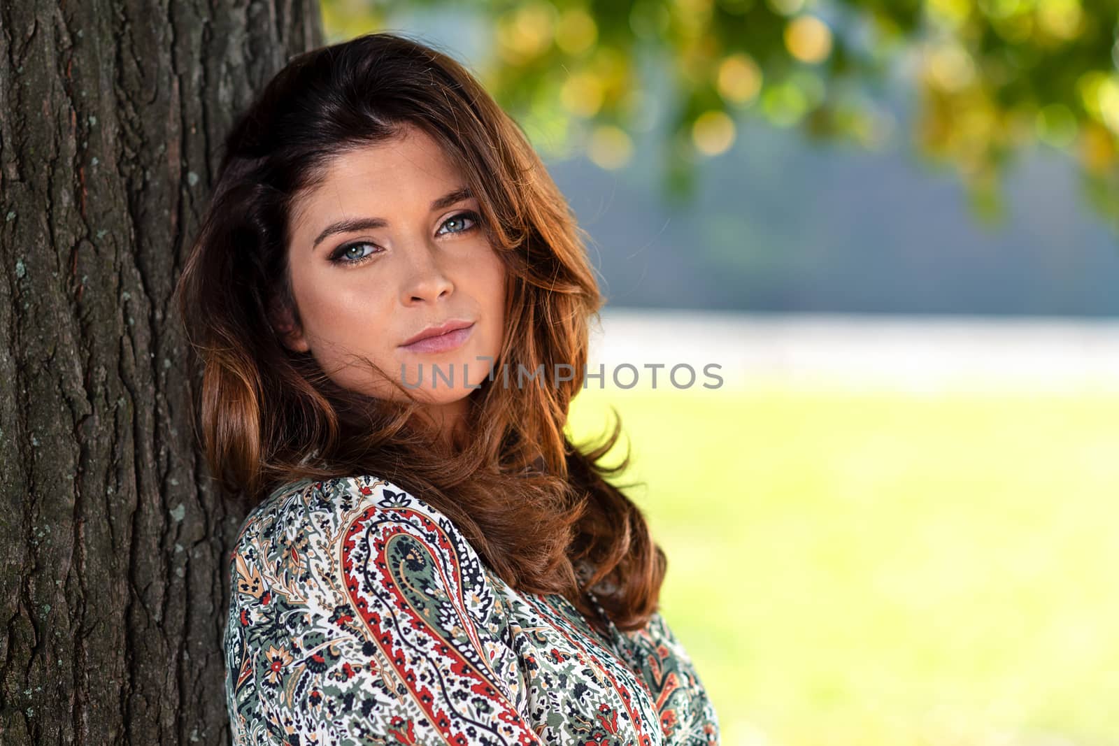 Portrait of a sensual and lovely woman with nice hairstyle posing outdoor on a sunny day under the tree ( copy space)