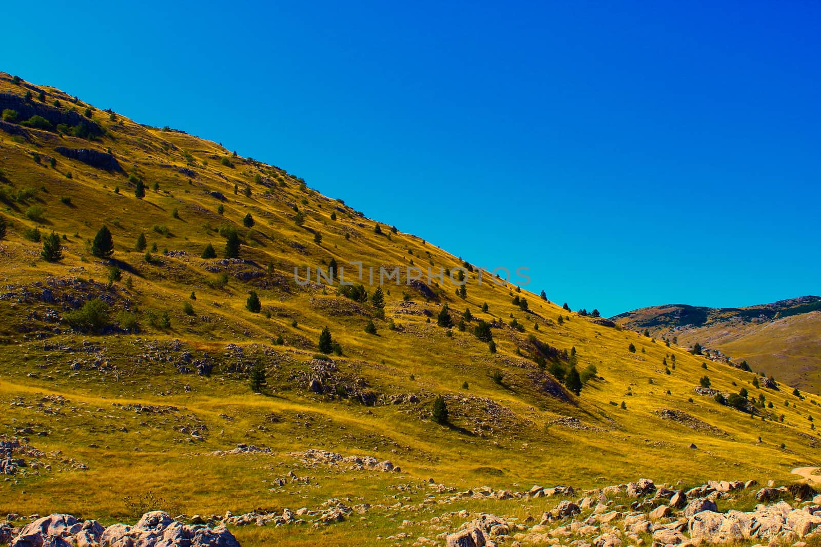 Over saturated. Wavy, hilly, rocky landscape of the Bosnian mountain Bjelasnica. Bjelasnica Mountain, Bosnia and Herzegovina. by mahirrov