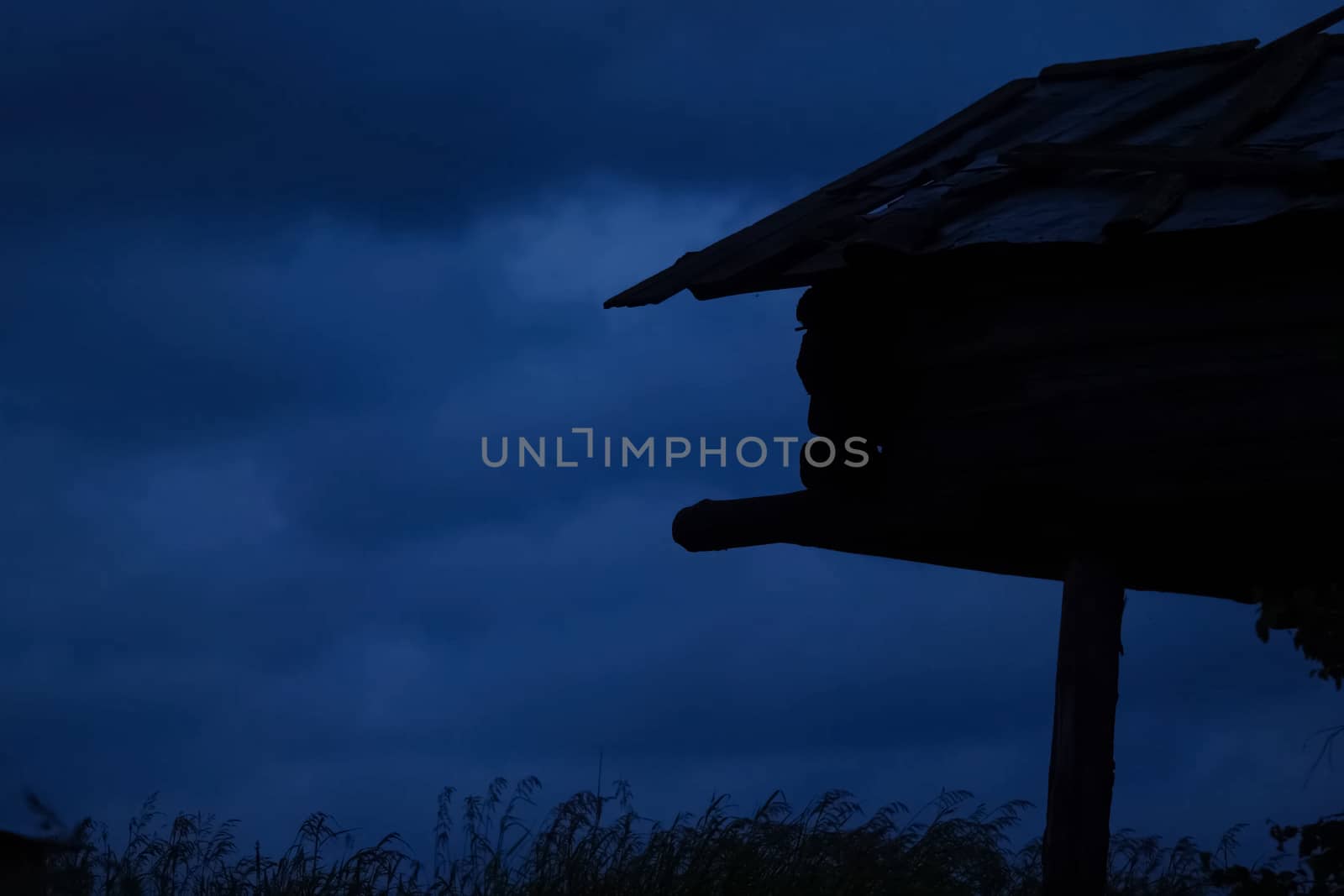 house on stilts on the shore of the lake. Evening, twilight. by DePo