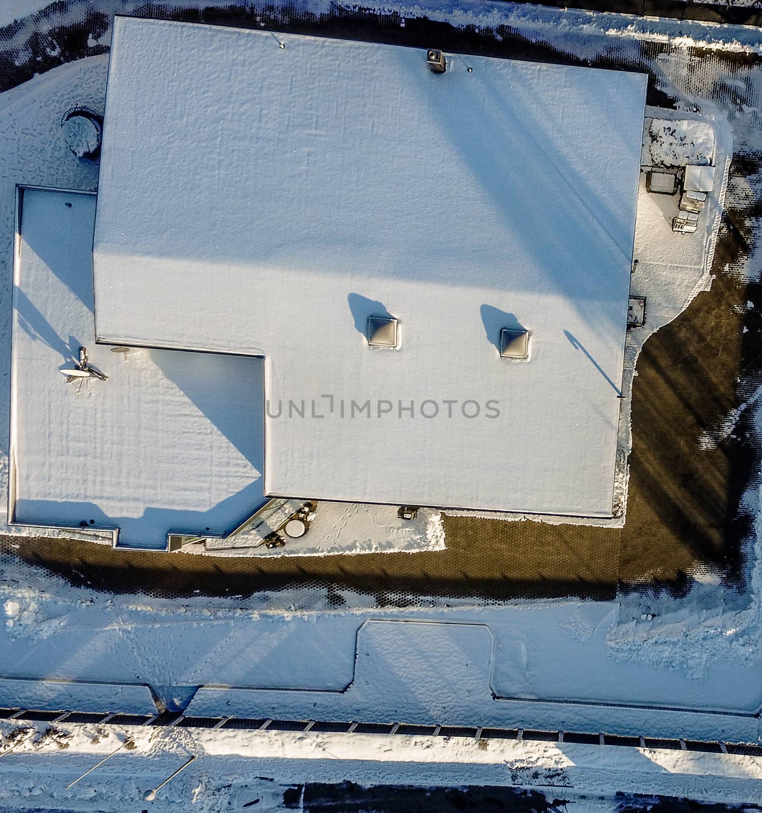Admission with the drone from the air, winter, snow, big hall coverd with snow