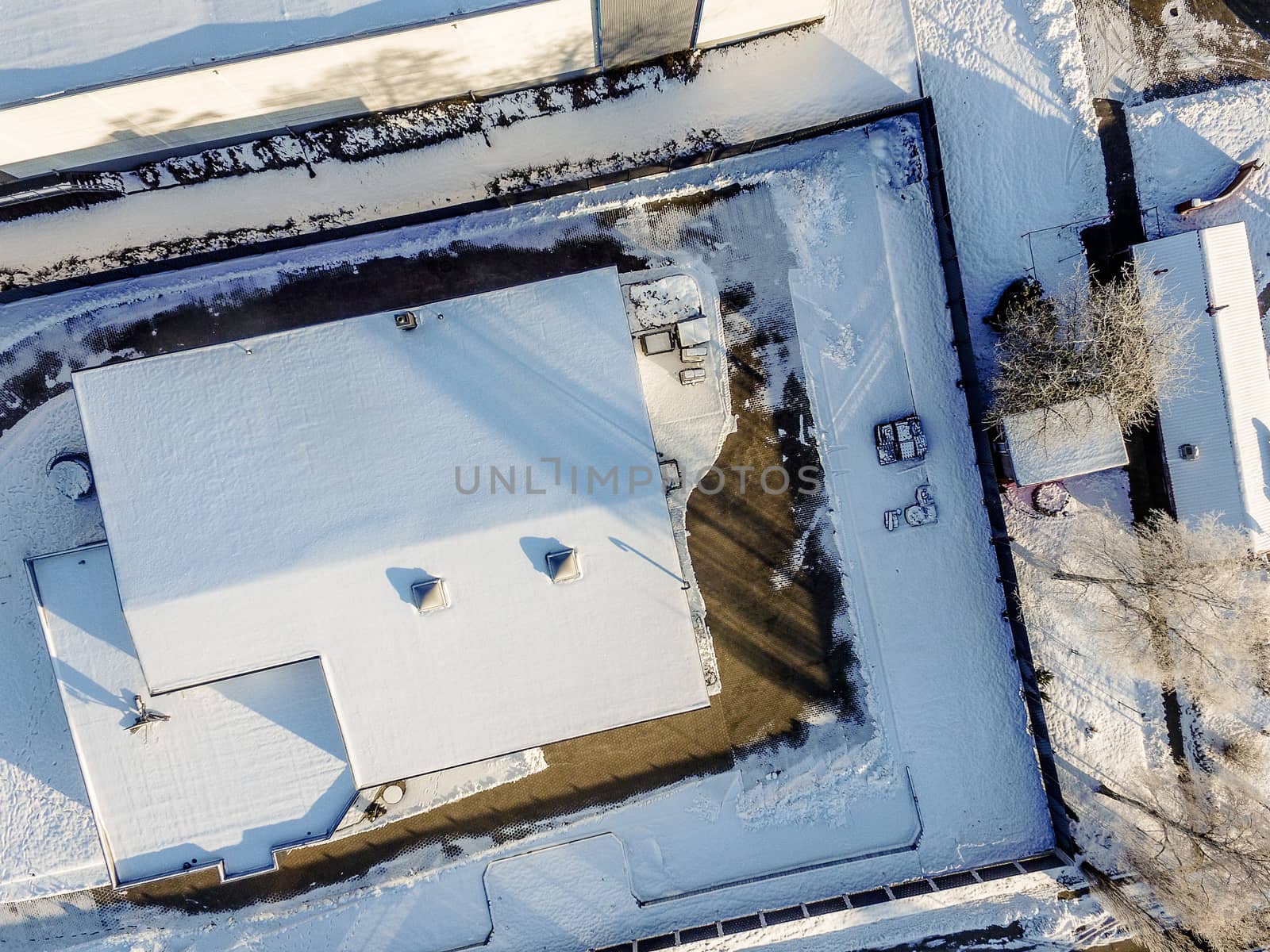 Admission with the drone from the air, winter, snow, hall
