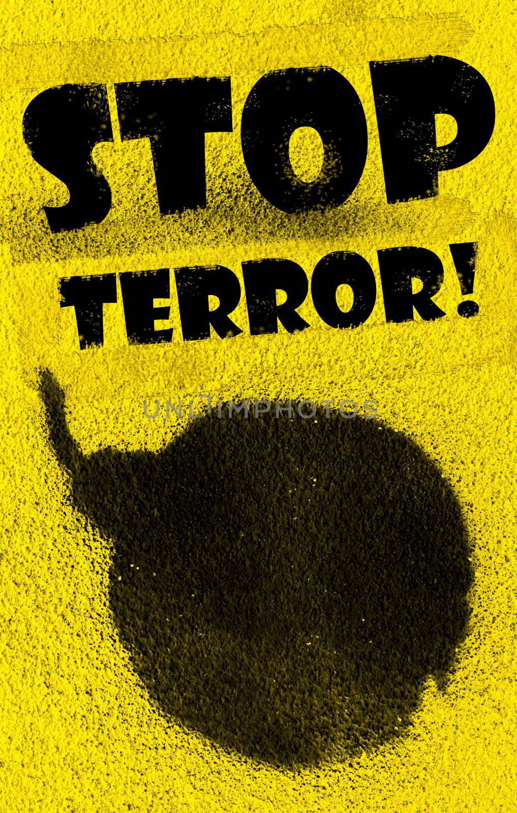 Bomb painted with black paint spray on yellow background. Message "Stop Terror!" added with grunge font.