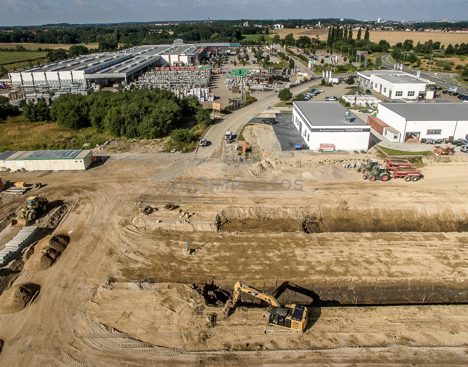 Admission with the drone of a building site in the industrial area, Wolfsburg, Germany