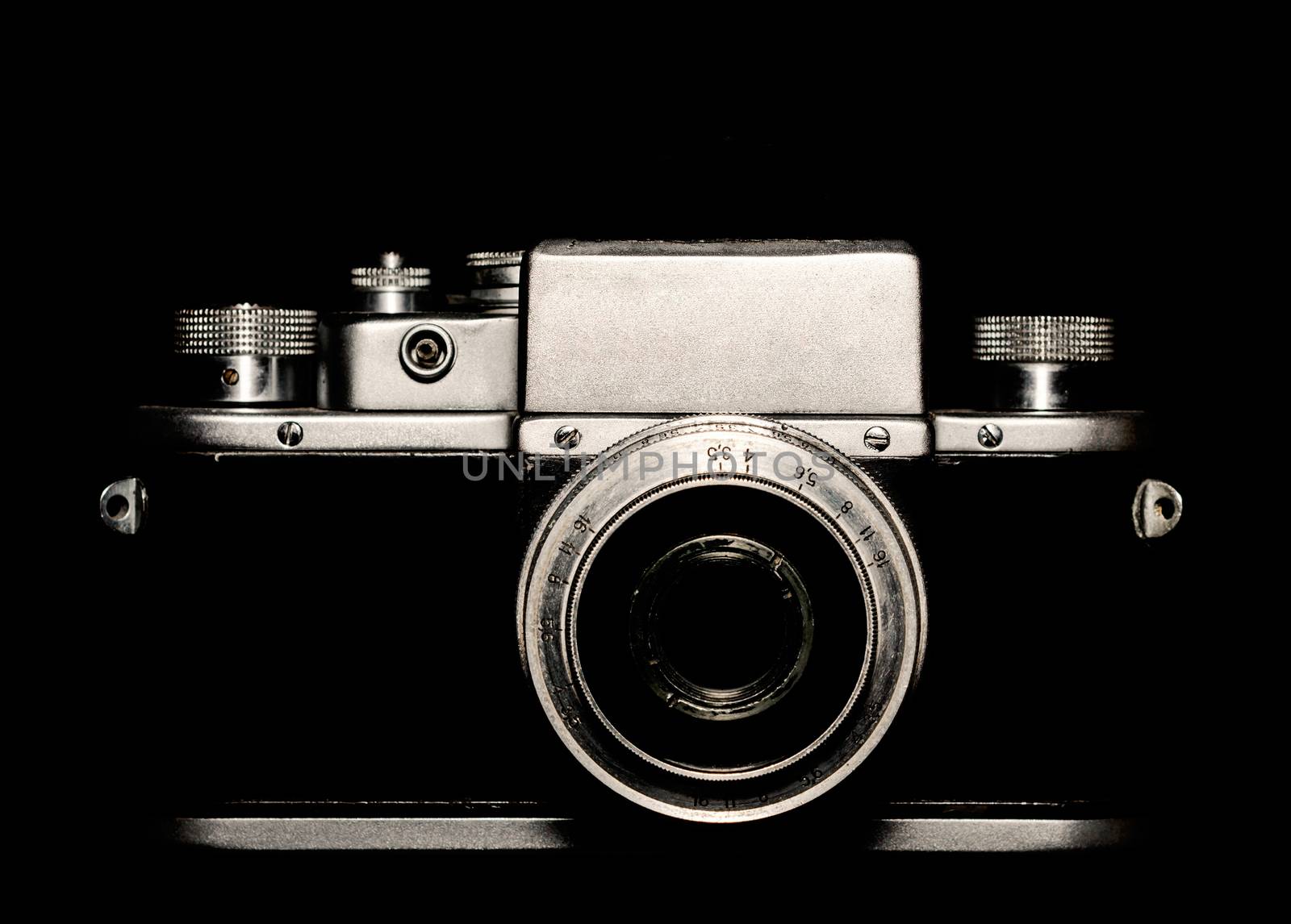 vintage camera on black background close up