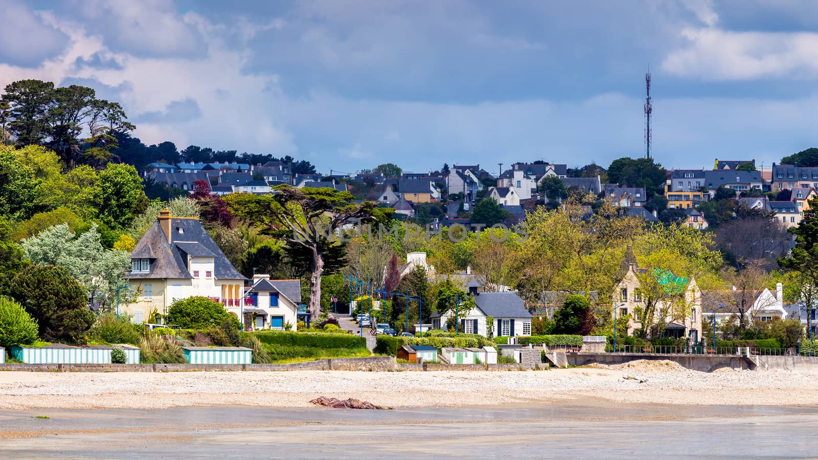 Beautiful village of Morgat with the sand beach and rocky coastline, Finistere, Brittany (Bretagne), France.