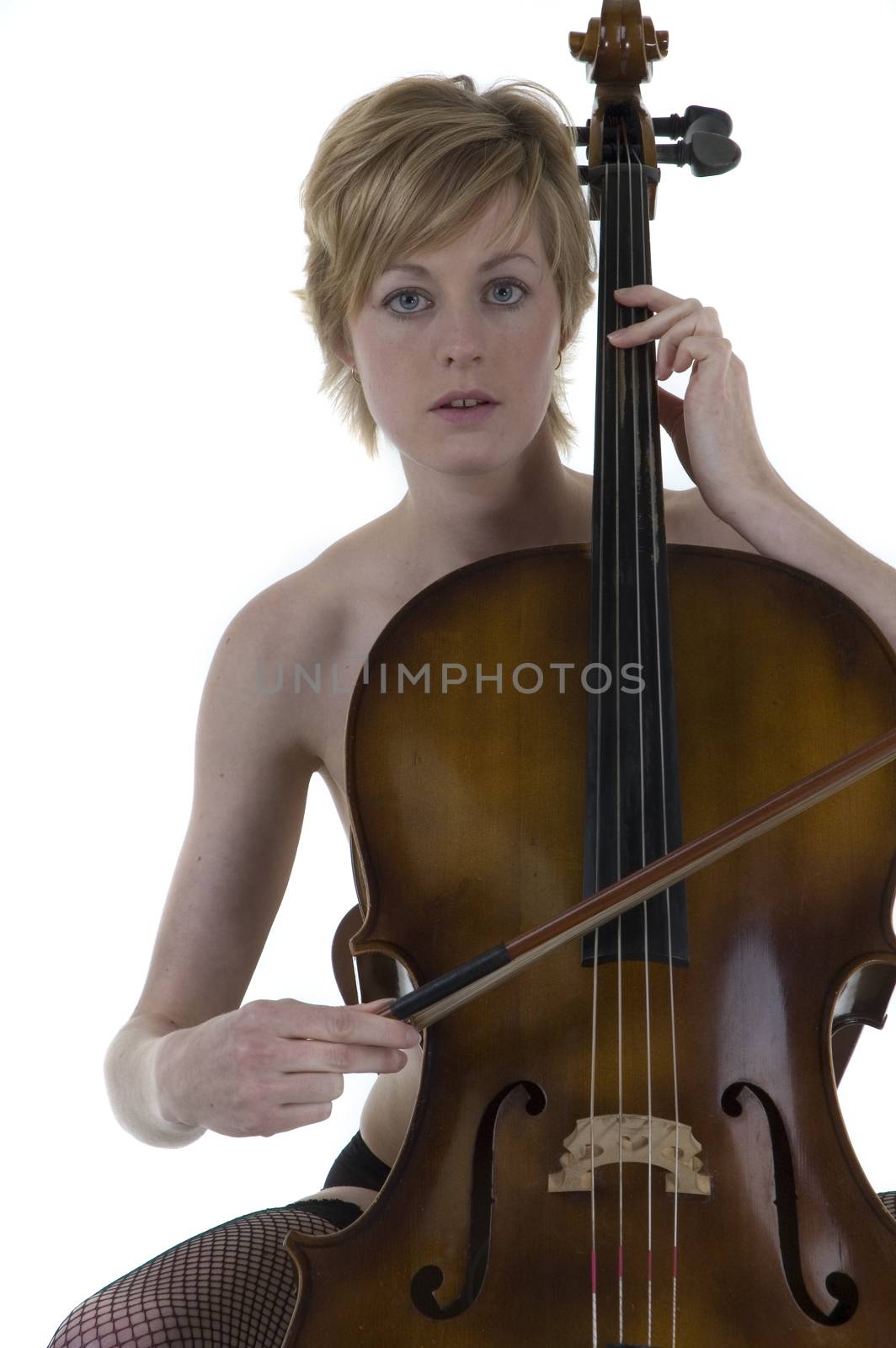 Attractive blonde woman nude with cello