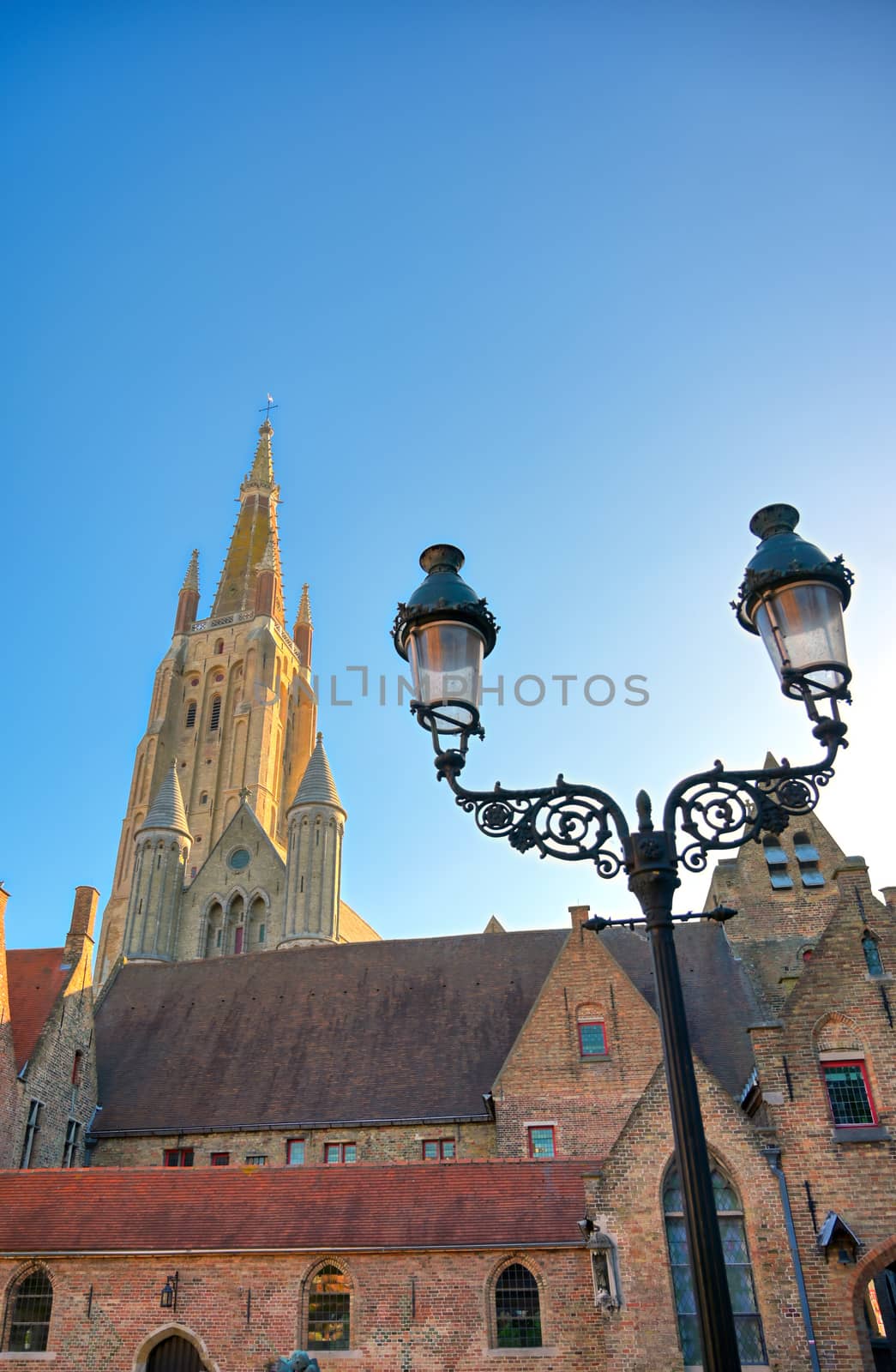 The Church of Our Lady seen from the streets of Bruges (Brugge), Belgium.