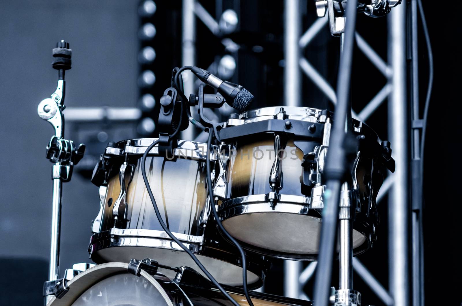 drum with microphone on stage closeup