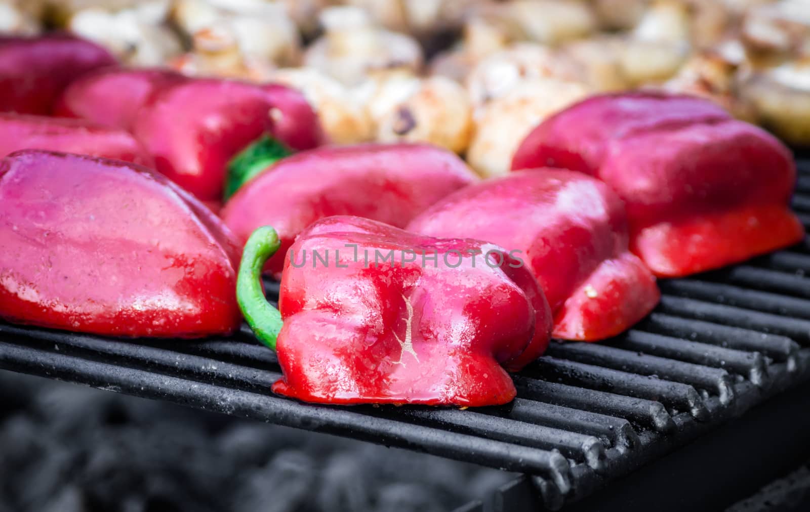 grilled red bell peppers closeup