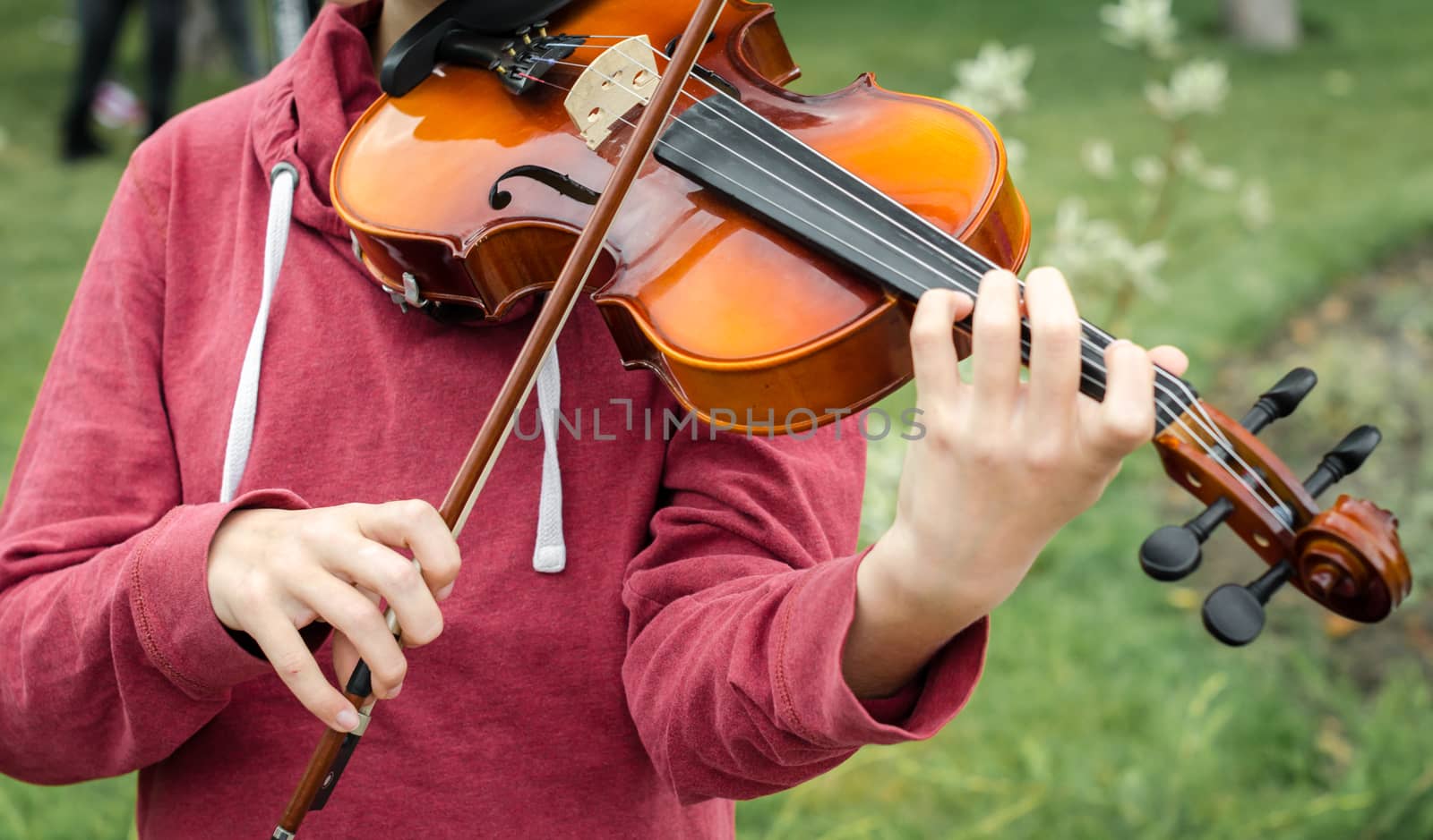 hands of a street musician girl with violin closeup