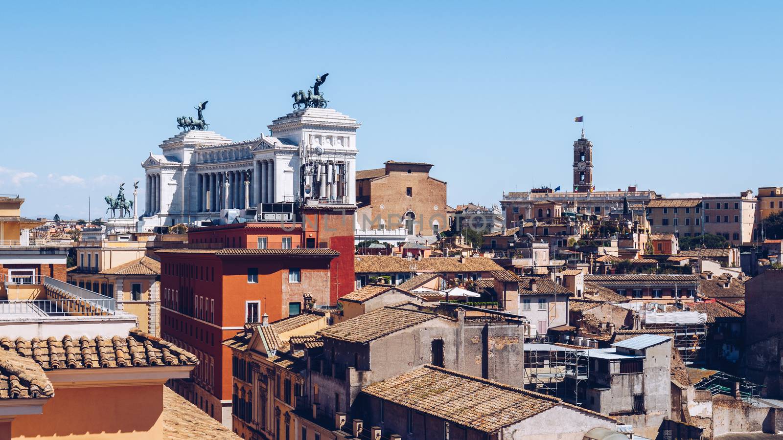 View of the historical center of Rome with the classic historical buildings. Italy