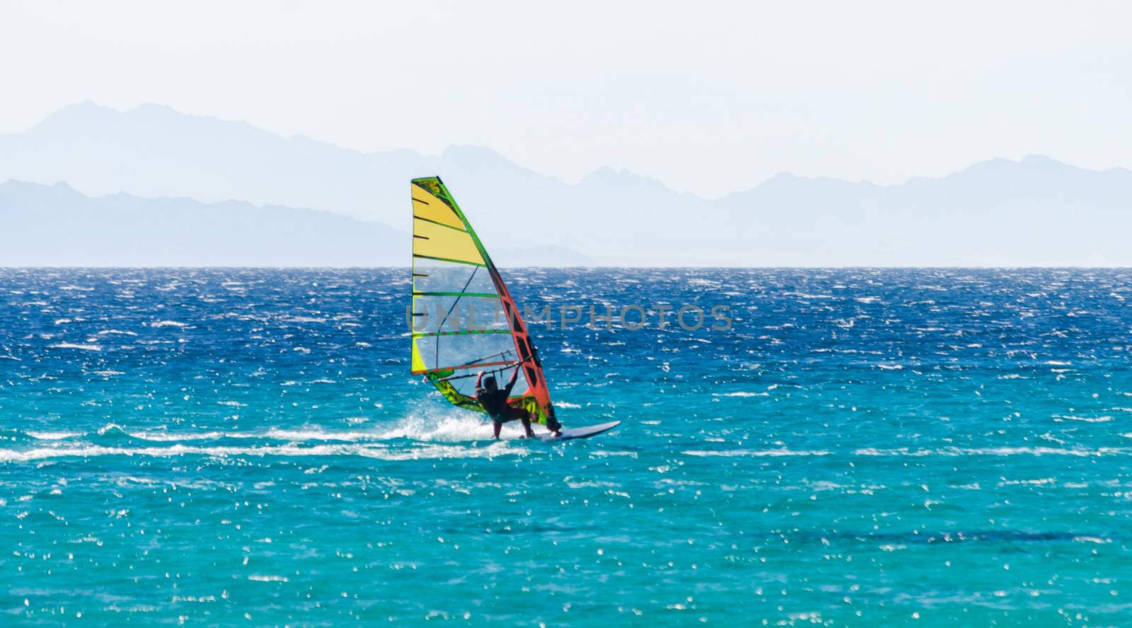 surfer rides in the Red Sea against the backdrop of a rocky coast in Egypt