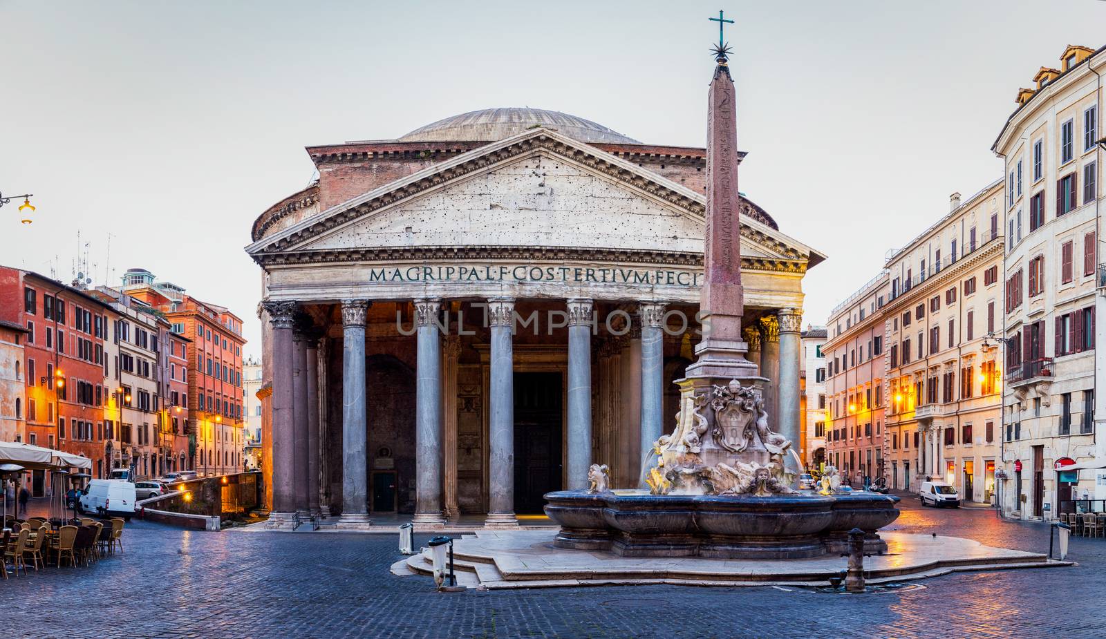Pantheon, former Roman temple of all gods, now a church, and Fountain with obelisk at Piazza della Rotonda. Rome, Italy