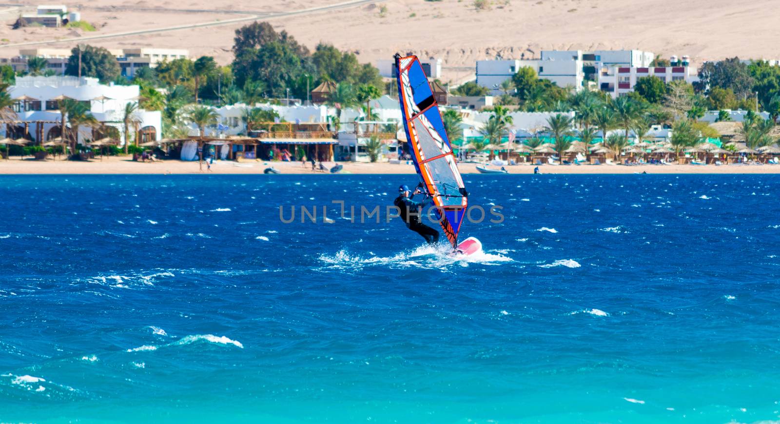 windsurfer rides on the background of the beach with a hotel and palm trees in Egypt Dahab