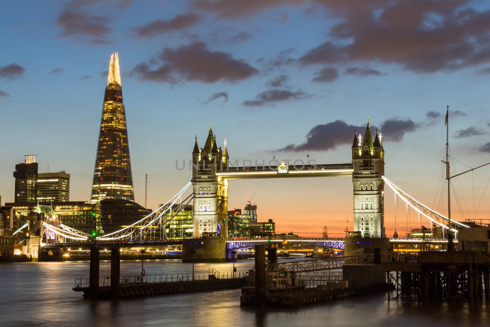 Magnificent view of Tower Bridge, the Shard and the River Thames at night, London, Uk.