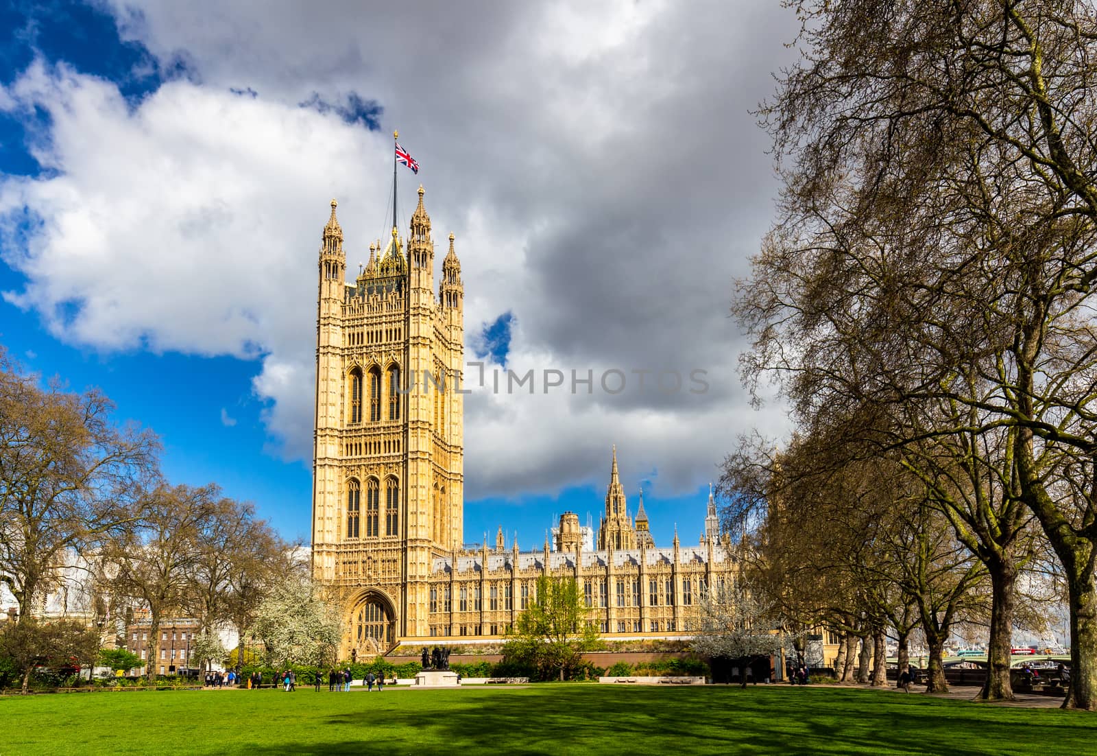 Westminster Abbey viewed from Victoria tower gardens, London, UK.