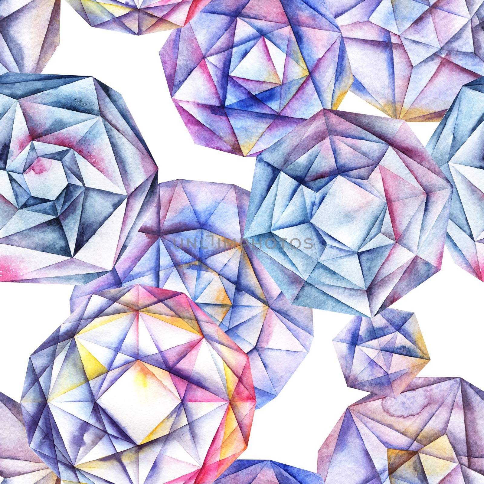 Watercolor hand painted faceted round diamond crystals. Abstract seamless pattern.