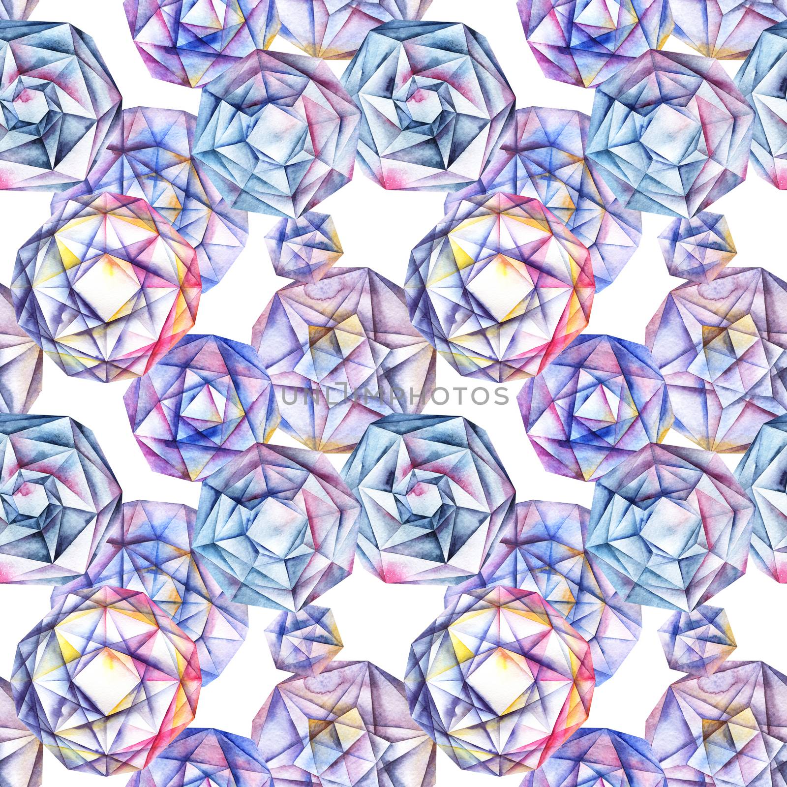 Watercolor hand painted faceted round diamond crystals. Abstract seamless pattern.