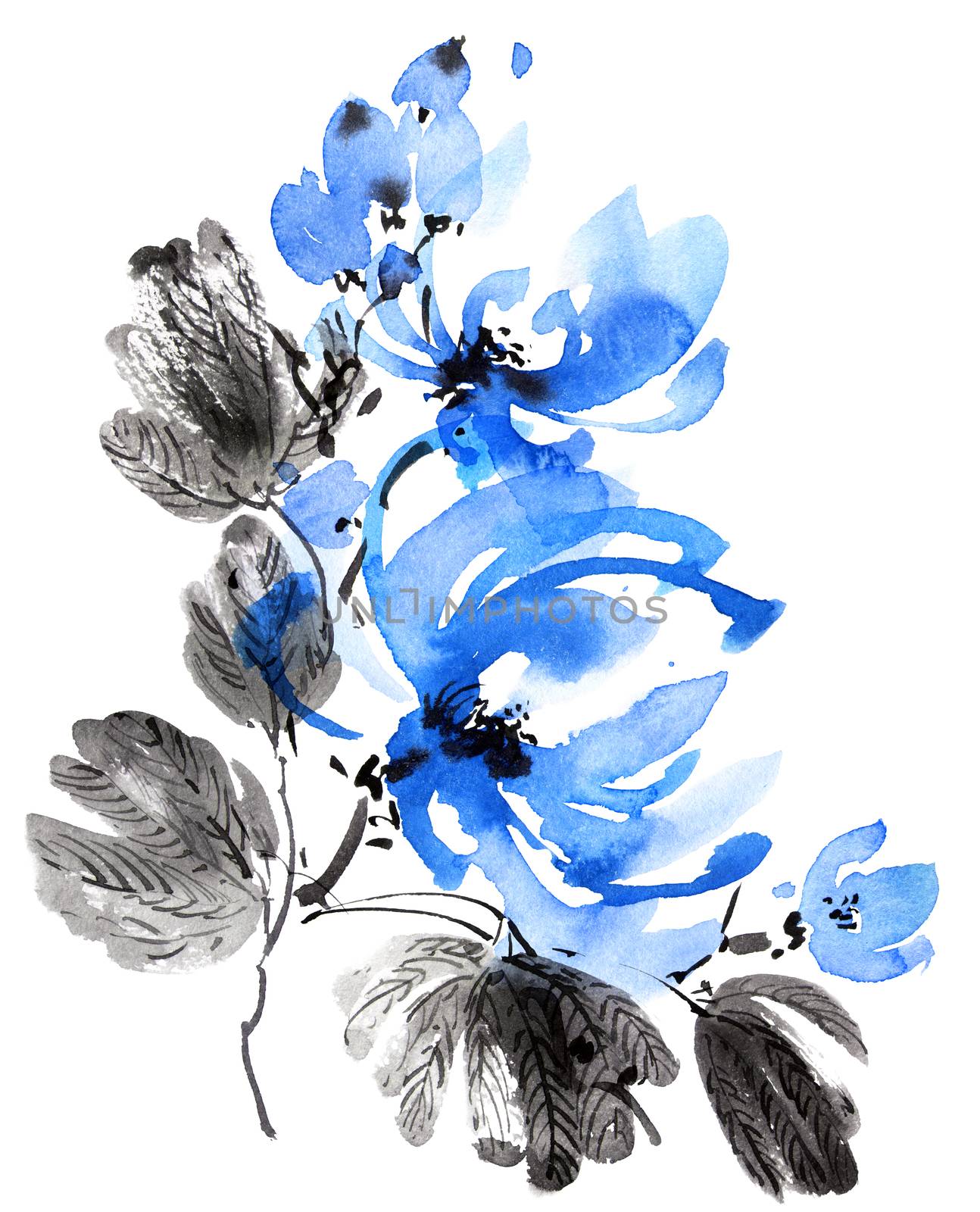 Watercolor and ink illustration of blossom tree with blue flowers and leaves. Oriental traditional painting in style sumi-e, u-sin and gohua.