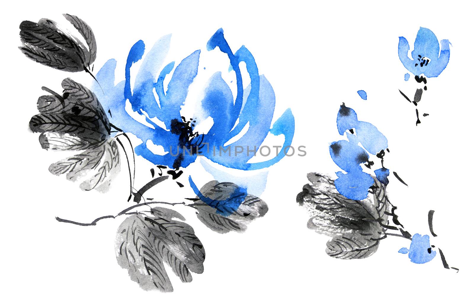 Watercolor and ink illustration of blossom tree with blue flowers and leaves. Oriental traditional painting in style sumi-e, u-sin and gohua.