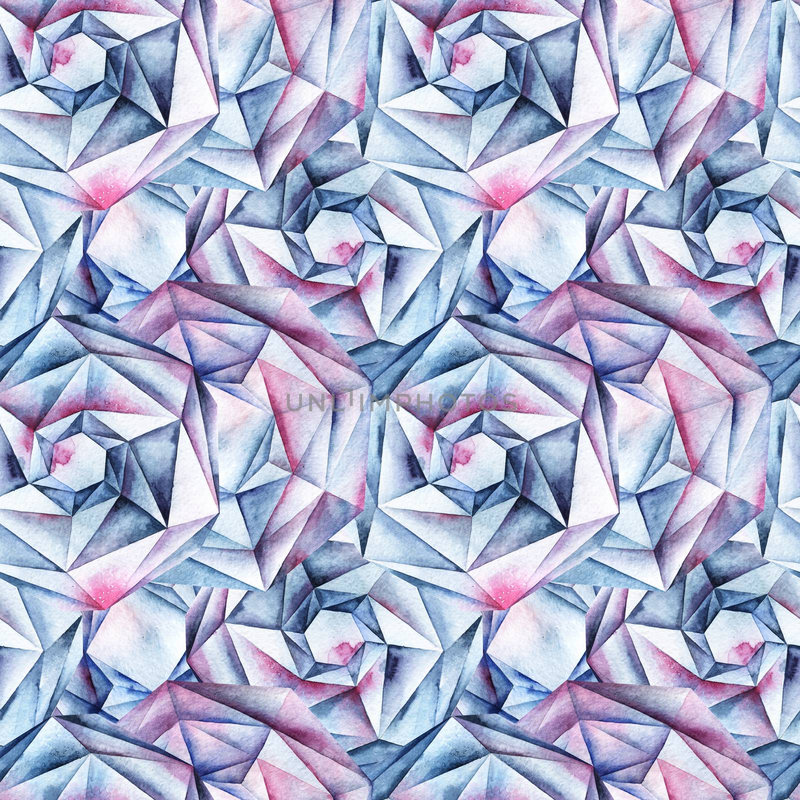 Watercolor hand painted faceted round diamond crystals. Abstract seamless pattern.