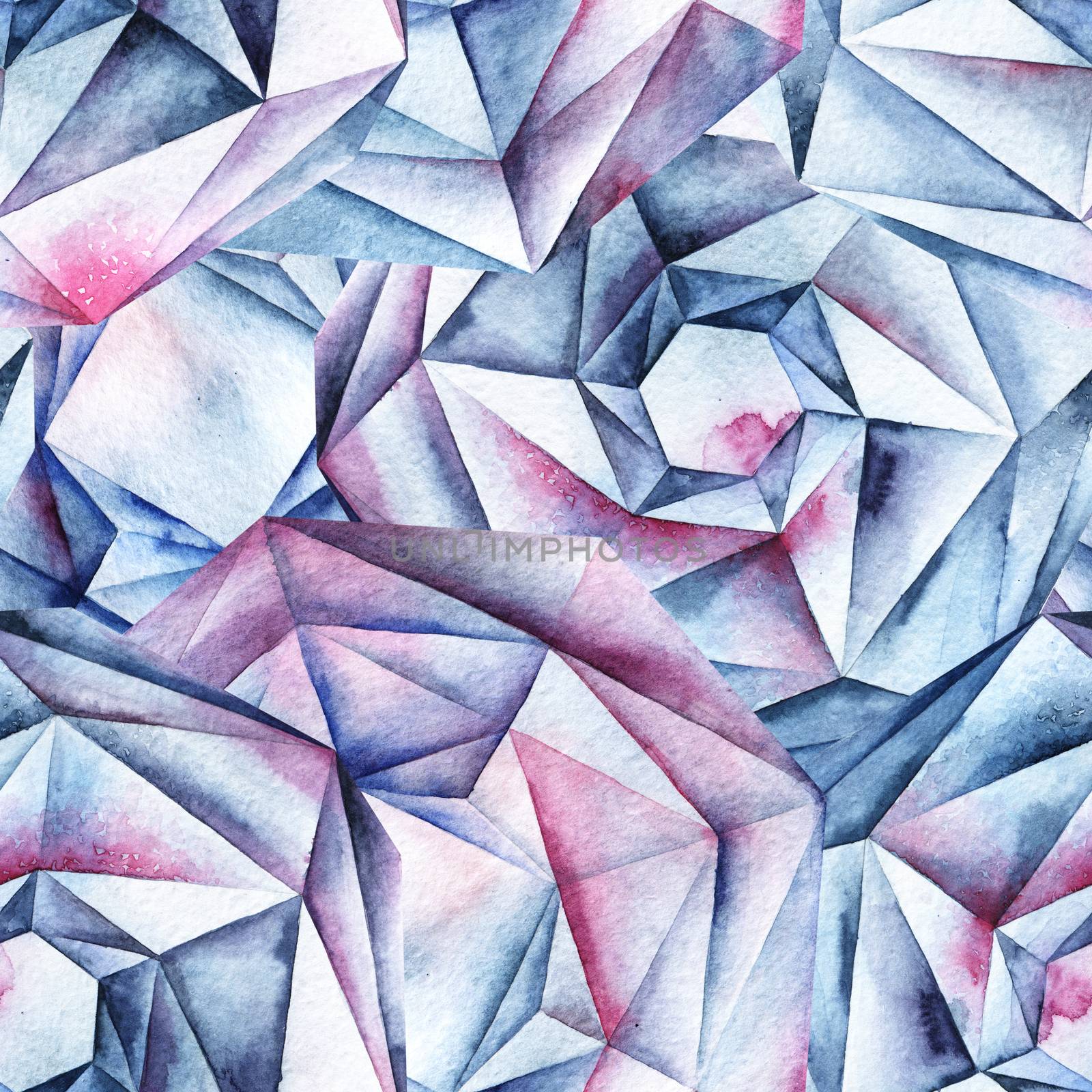 Watercolor hand painted faceted round diamond crystals. Abstract seamless pattern.