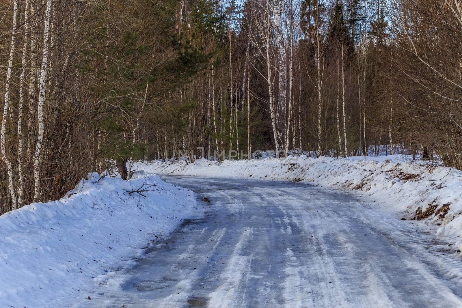 road covered with snow and ice in the forest on a winter day by VADIM