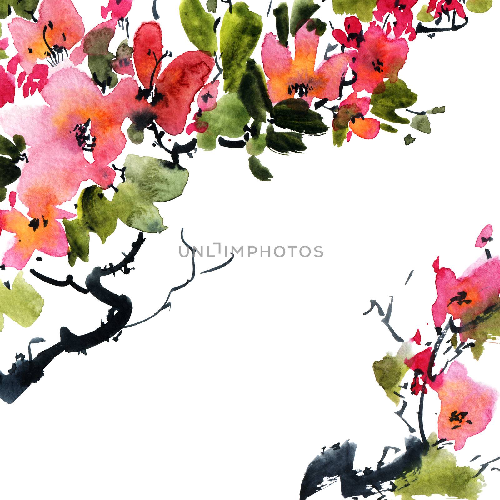 Watercolor and ink illustration of blossom tree with pink flowers and leaves. Oriental traditional painting in style sumi-e, u-sin and gohua.