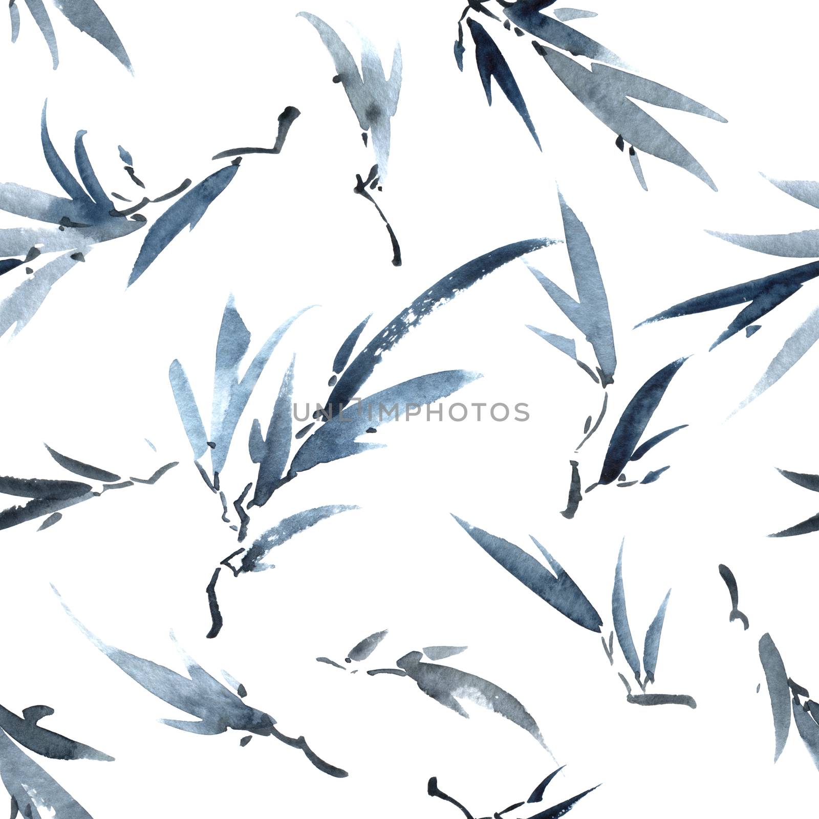 Watercolor and ink illustration of tree leaves in style sumi-e, u-sin. Oriental traditional painting. Seamless pattern.