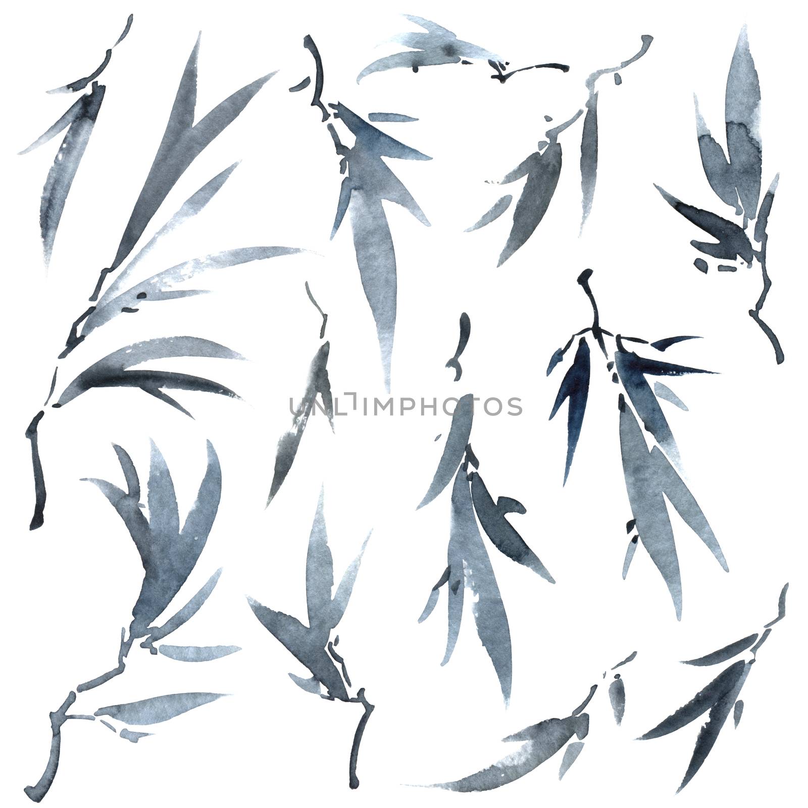Watercolor and ink illustration of tree leaves in style sumi-e, u-sin. Oriental traditional painting.