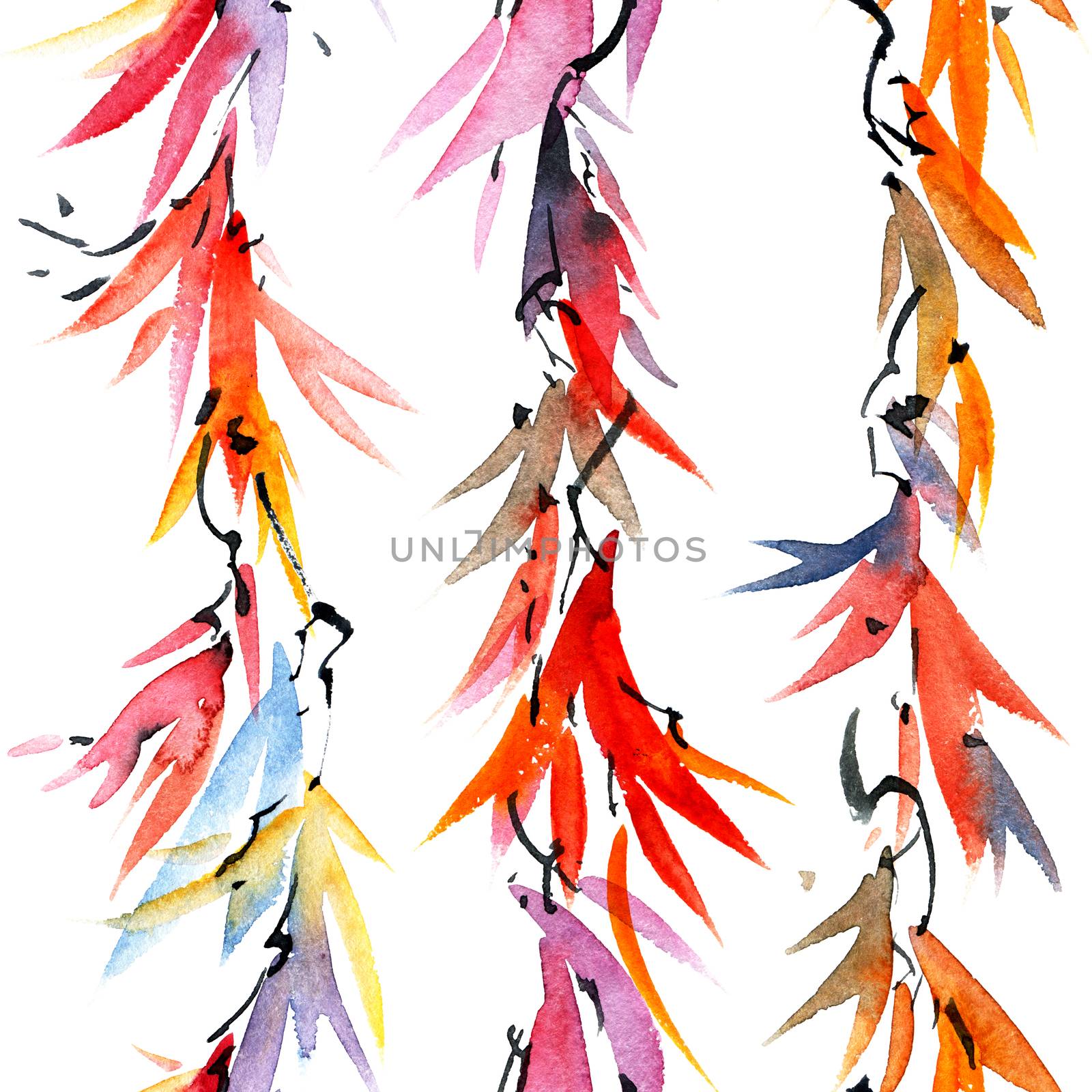 Watercolor and ink illustration of rainbow color tree leaves in style sumi-e, u-sin. Oriental traditional painting. Seamless pattern.