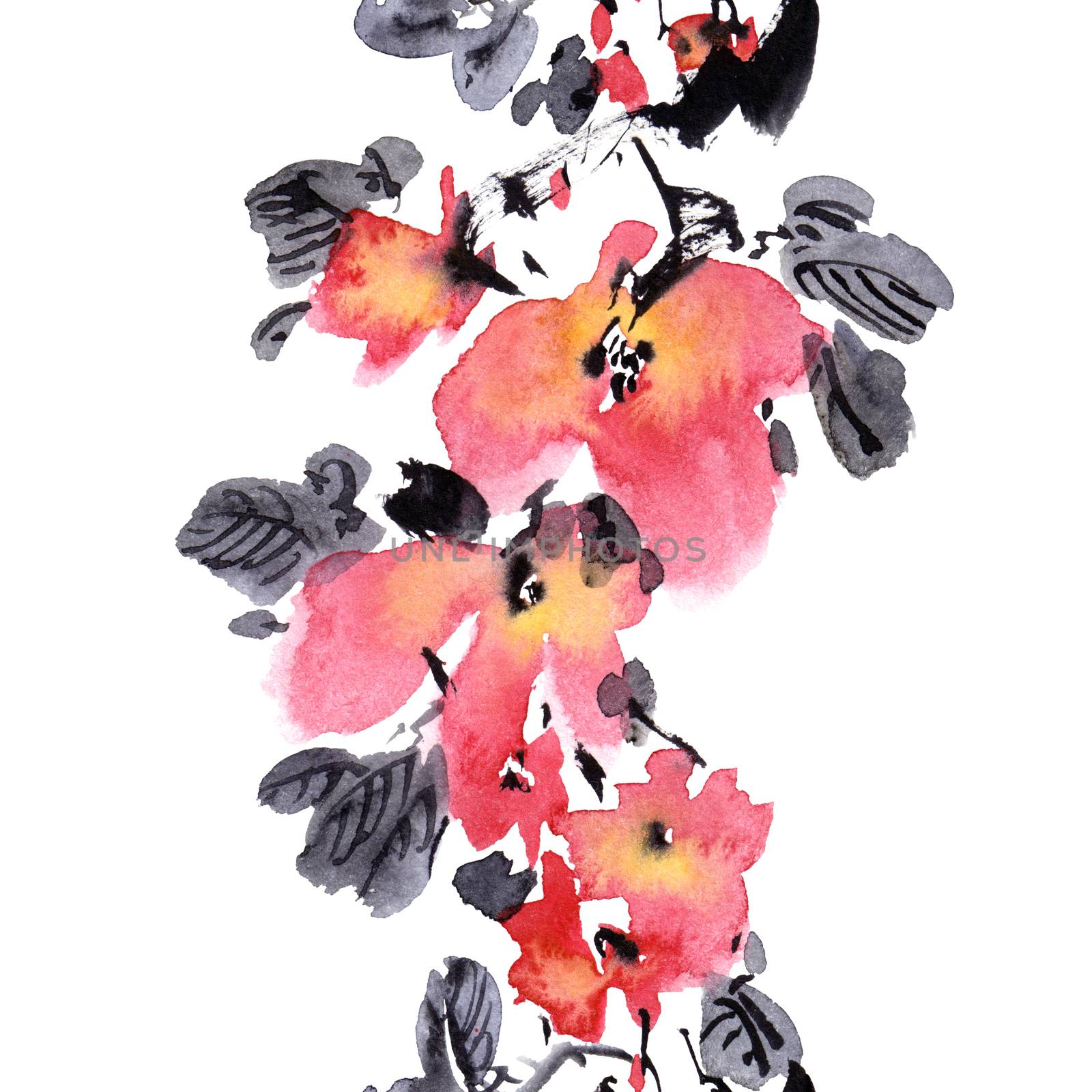 Watercolor and ink illustration of blossom tree with pink flowers and leaves. Oriental traditional painting in style sumi-e, u-sin and gohua. Seamless border.