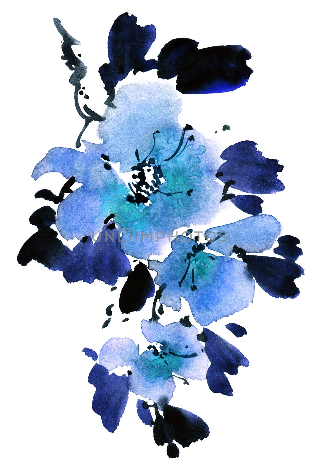 Watercolor and ink illustration of tree with blue flowers and leaves. Oriental traditional painting in style sumi-e, u-sin and gohua.