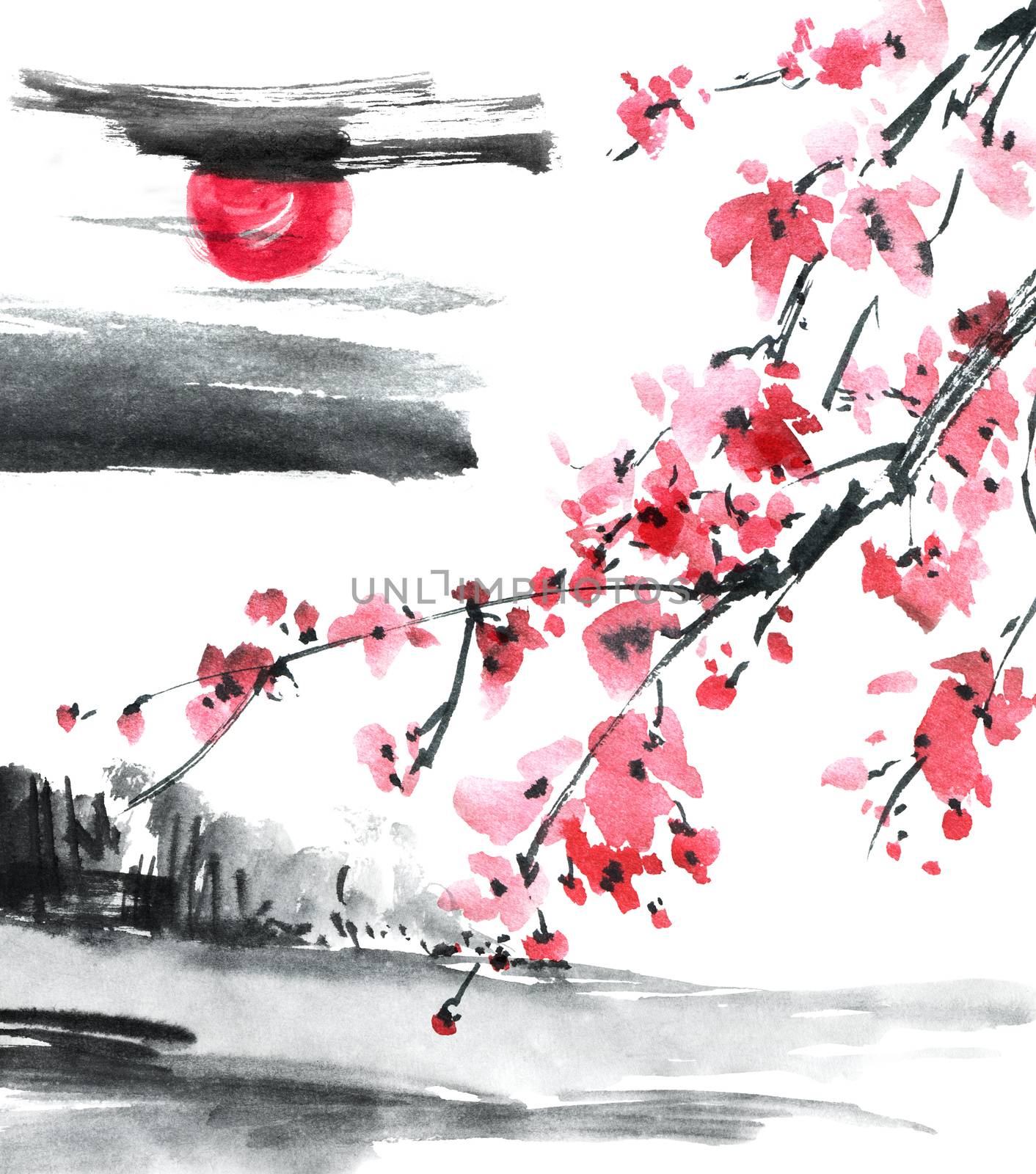 Watercolor and ink illustration of blossom sakura tree with pink flowers on abstract landscape background. Oriental traditional painting in style sumi-e, u-sin.