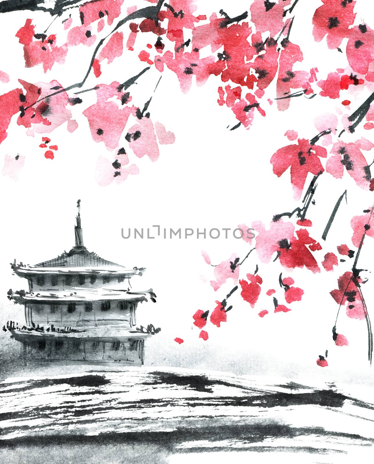 Watercolor and ink illustration of blossom sakura tree with pink flowers and landscape with pagoda. Oriental traditional painting in style sumi-e, u-sin.