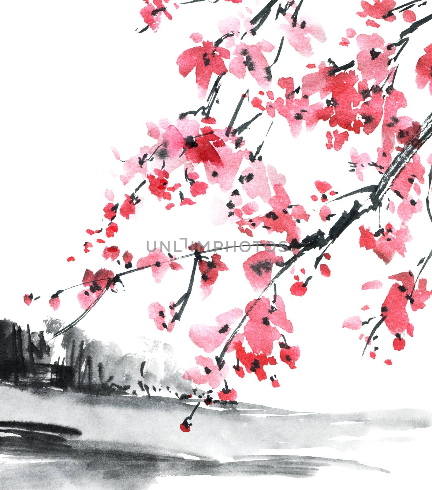 Watercolor and ink illustration of blossom sakura tree with pink flowers on abstract landscape background. Oriental traditional painting in style sumi-e, u-sin.