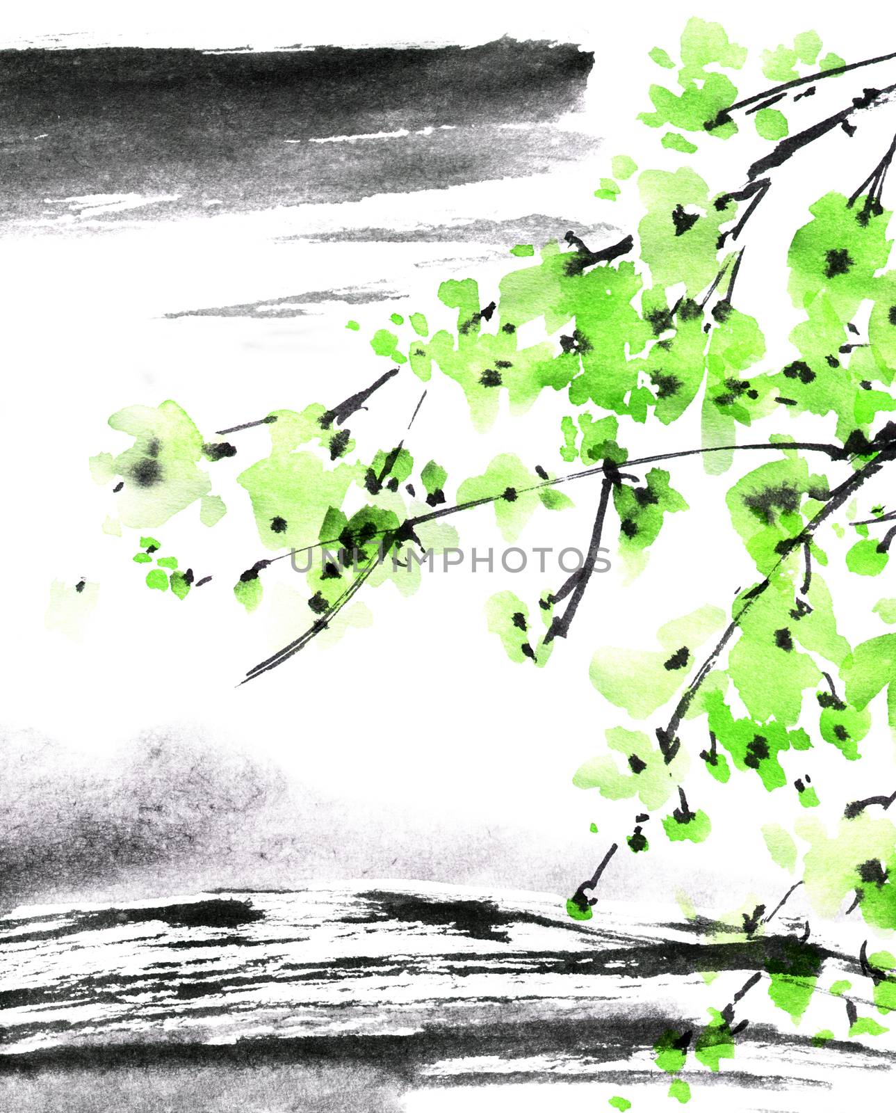 Watercolor and ink illustration of tree with green leaves on abstract landscape background. Oriental traditional painting in style sumi-e, u-sin.