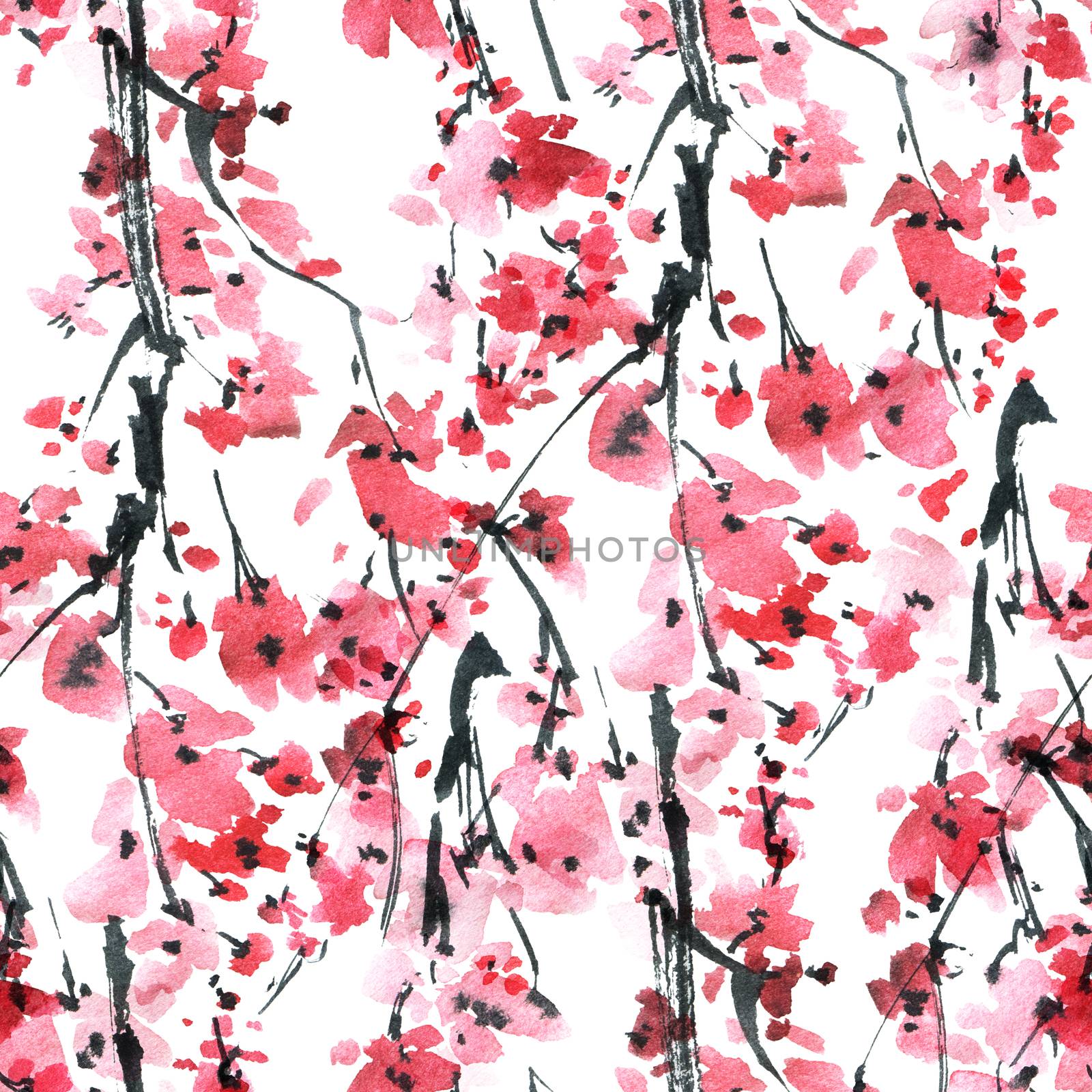 Watercolor and ink illustration of blossom sakura tree with pink flowers on white background. Oriental traditional painting in style sumi-e, u-sin. Seamless pattern.