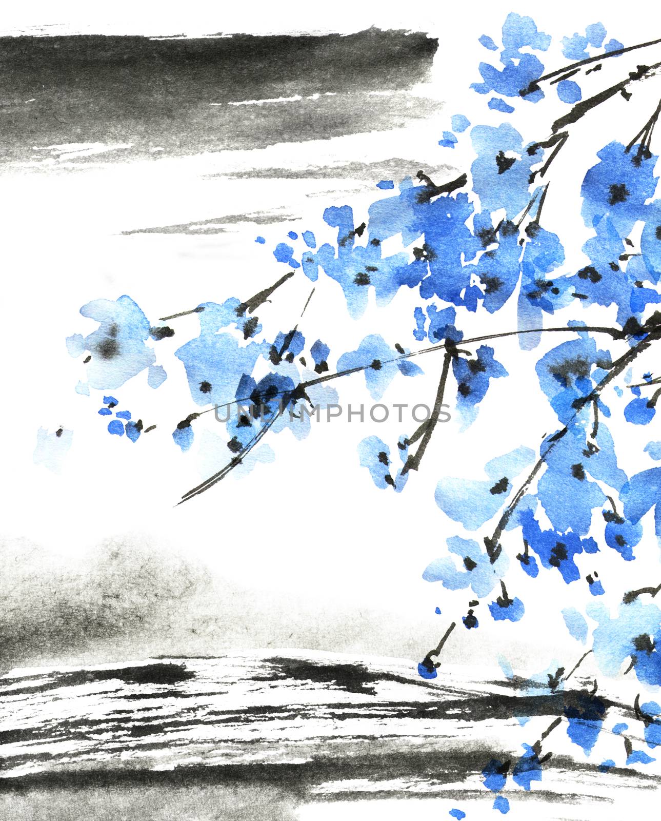 Watercolor and ink illustration of blossom tree with blue flowers on abstract landscape background. Oriental traditional painting in style sumi-e, u-sin.